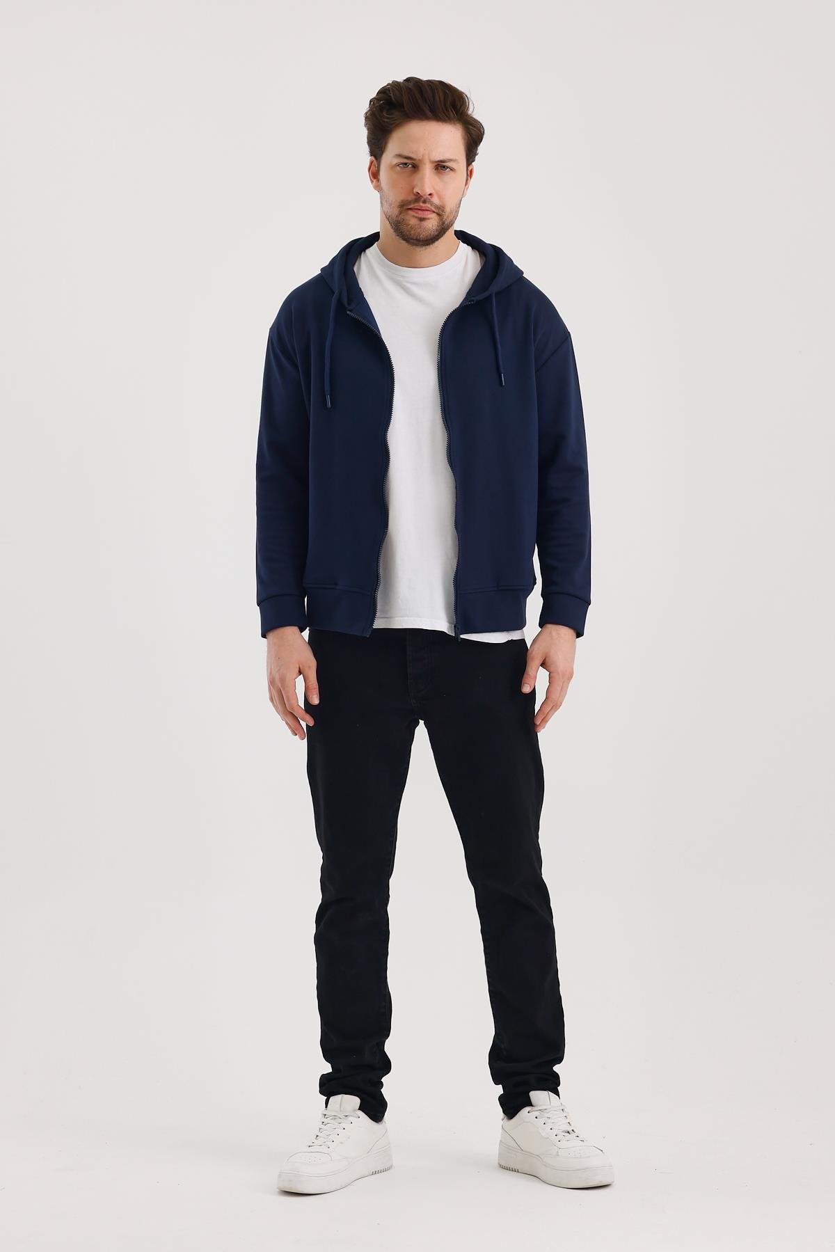 FİHA/9108-UNISEX KAPŞONLU FERMUARLI YANDAN GİRME CEPLİ SWEAT - LACİVERT