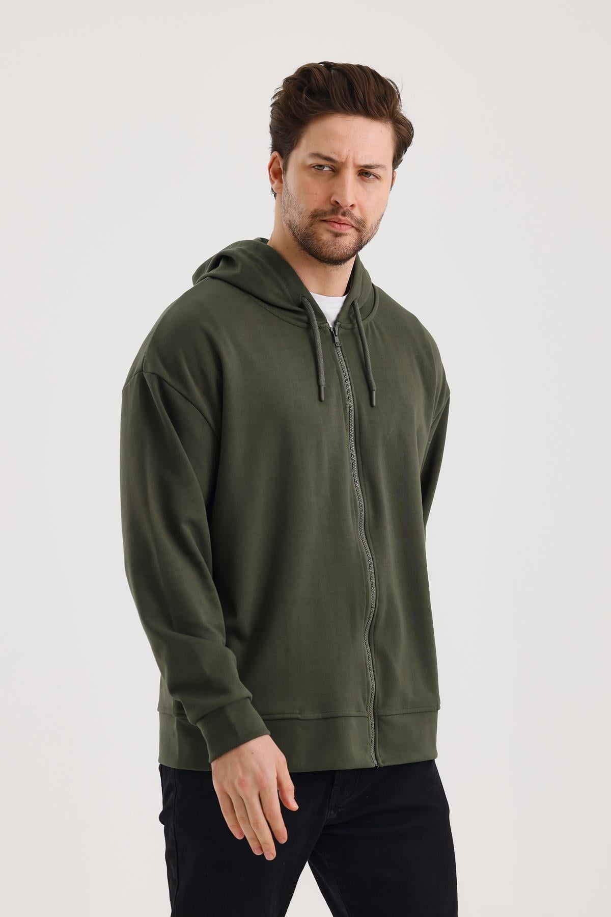 FİHA/9108-UNISEX KAPŞONLU FERMUARLI YANDAN GİRME CEPLİ SWEAT - HAKİ
