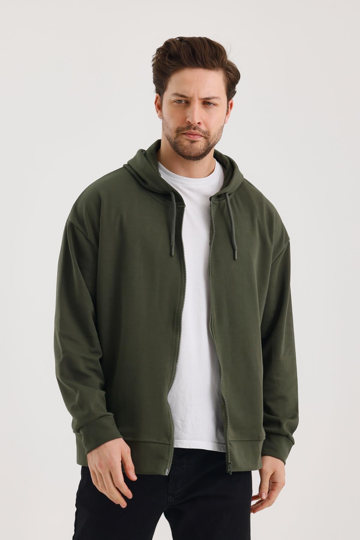 FİHA/9108-UNISEX KAPŞONLU FERMUARLI YANDAN GİRME CEPLİ SWEAT - HAKİ