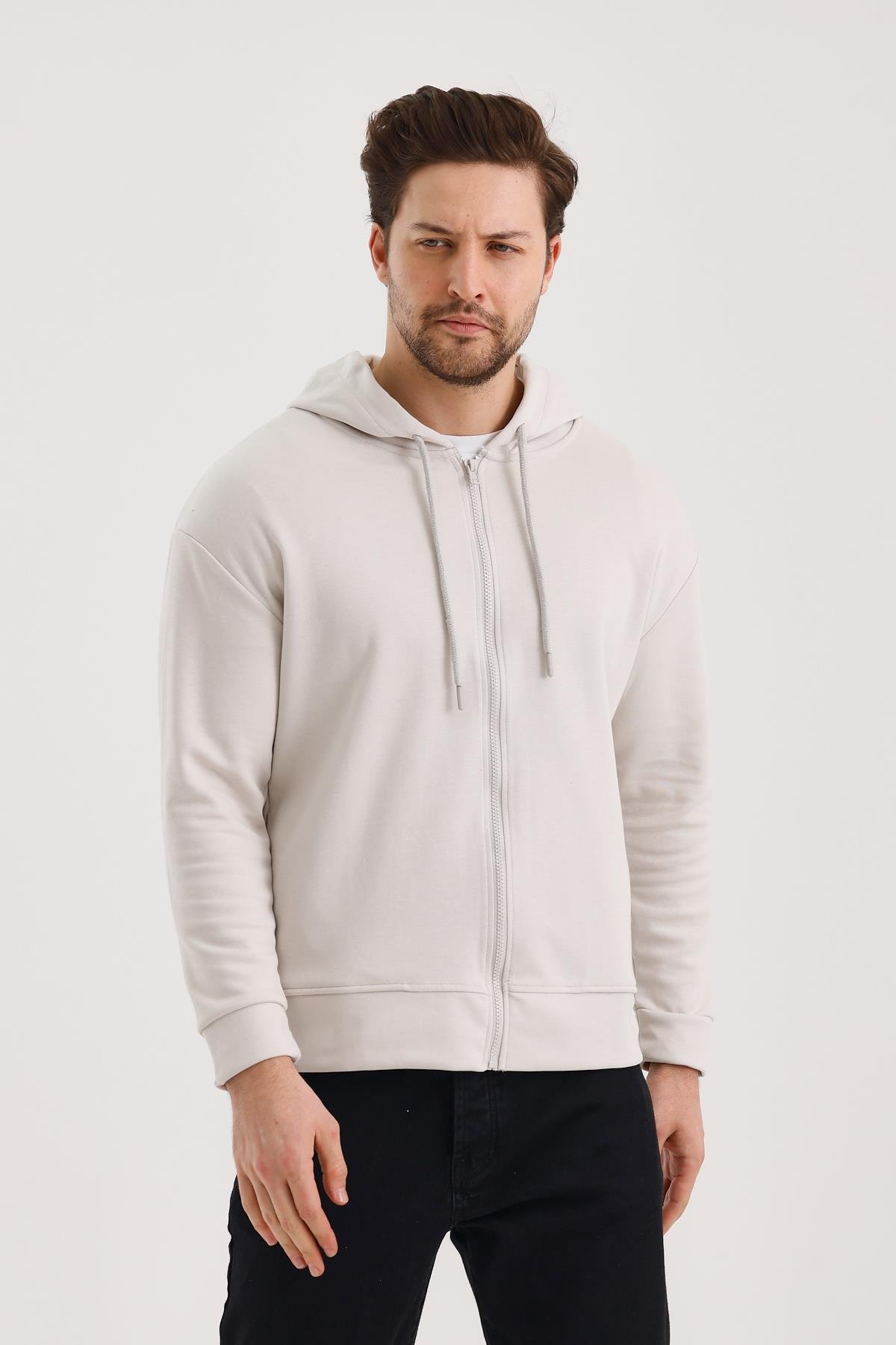 FİHA/9108-UNISEX KAPŞONLU FERMUARLI YANDAN GİRME CEPLİ SWEAT - TAŞ