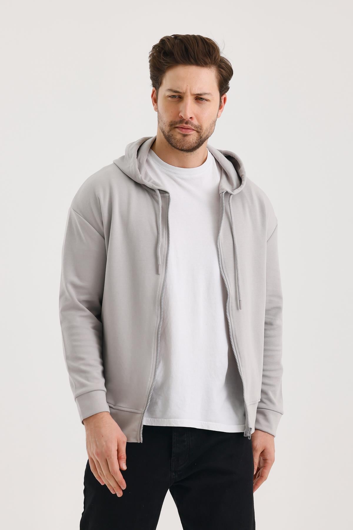 FİHA/9108-UNISEX KAPŞONLU FERMUARLI YANDAN GİRME CEPLİ SWEAT - GRİ
