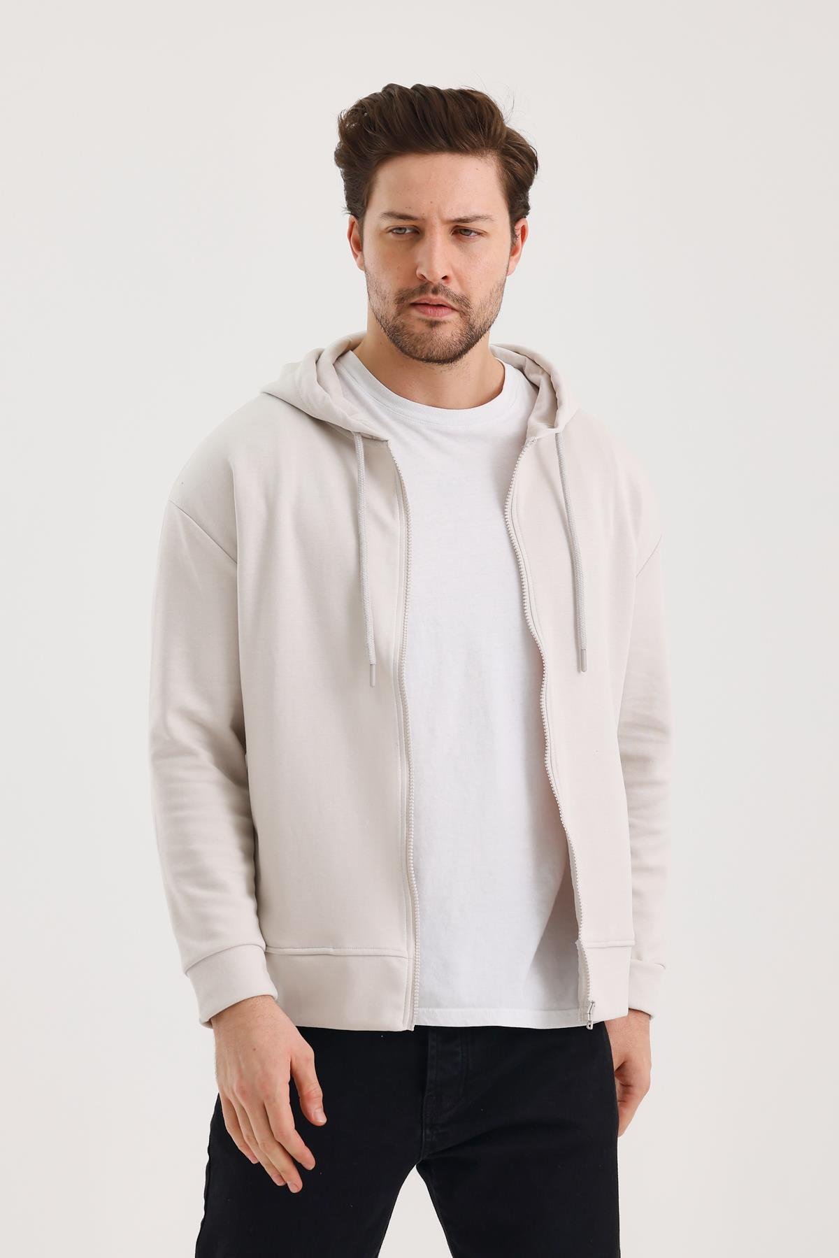 FİHA/9108-UNISEX KAPŞONLU FERMUARLI YANDAN GİRME CEPLİ SWEAT - TAŞ