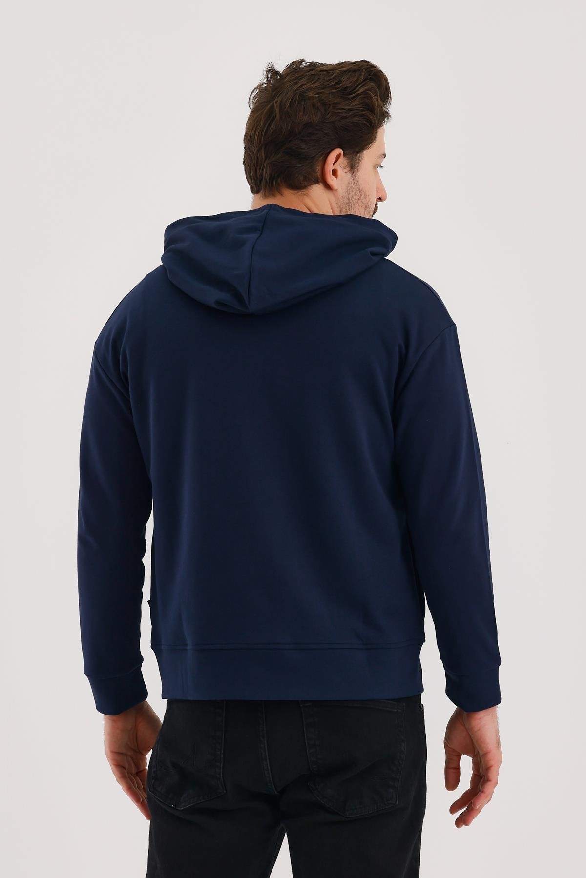 FİHA/9108-UNISEX KAPŞONLU FERMUARLI YANDAN GİRME CEPLİ SWEAT - LACİVERT