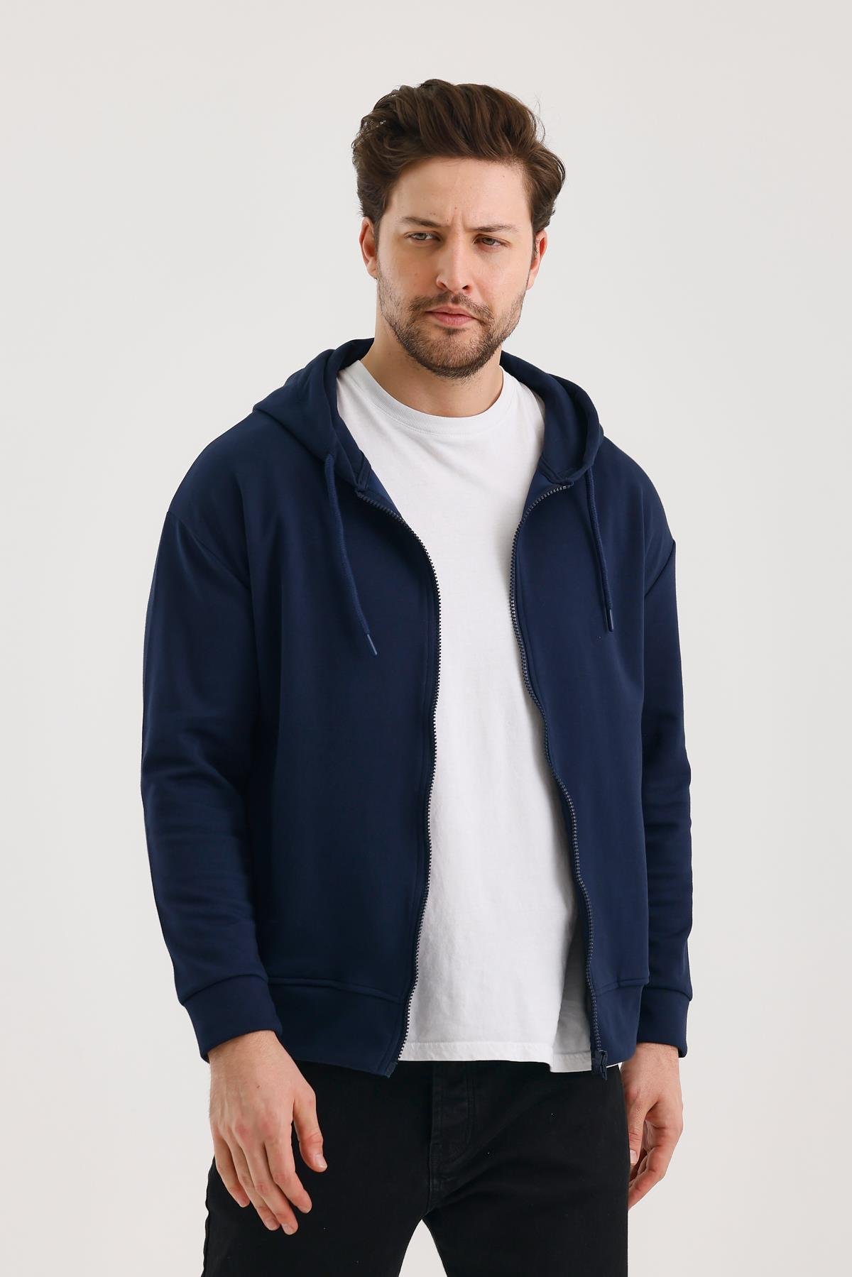 FİHA/9108-UNISEX KAPŞONLU FERMUARLI YANDAN GİRME CEPLİ SWEAT - LACİVERT