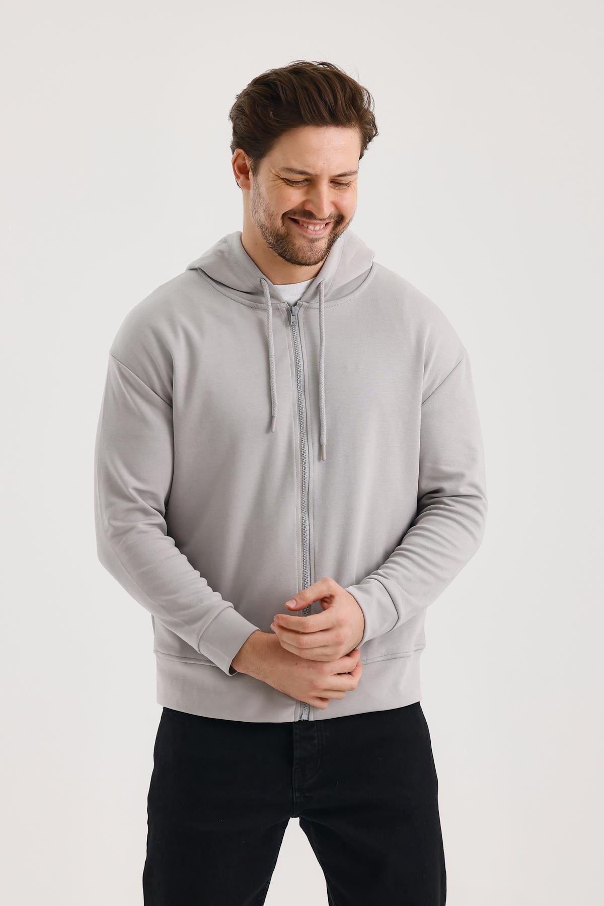 FİHA/9108-UNISEX KAPŞONLU FERMUARLI YANDAN GİRME CEPLİ SWEAT - GRİ
