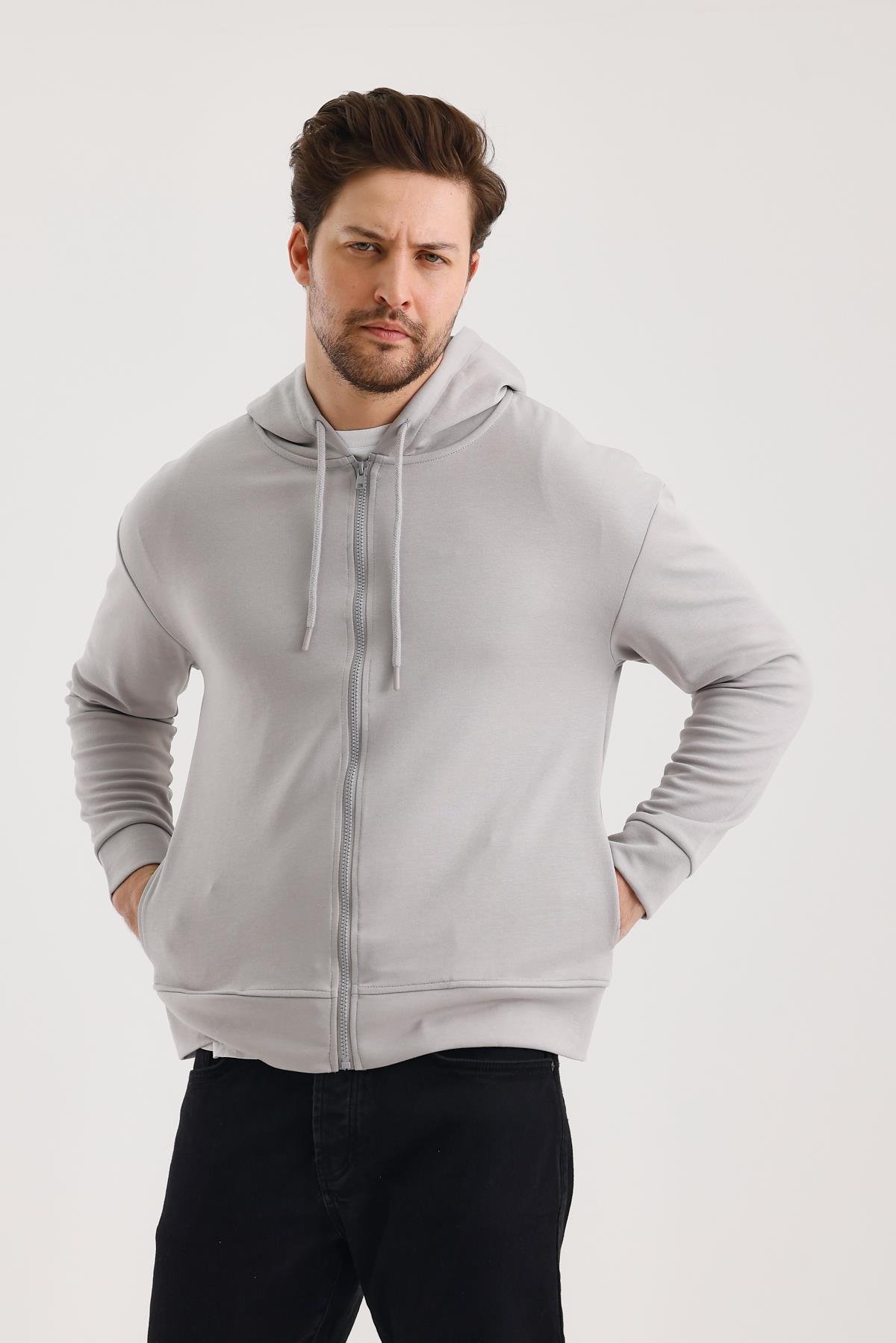 FİHA/9108-UNISEX KAPŞONLU FERMUARLI YANDAN GİRME CEPLİ SWEAT - GRİ