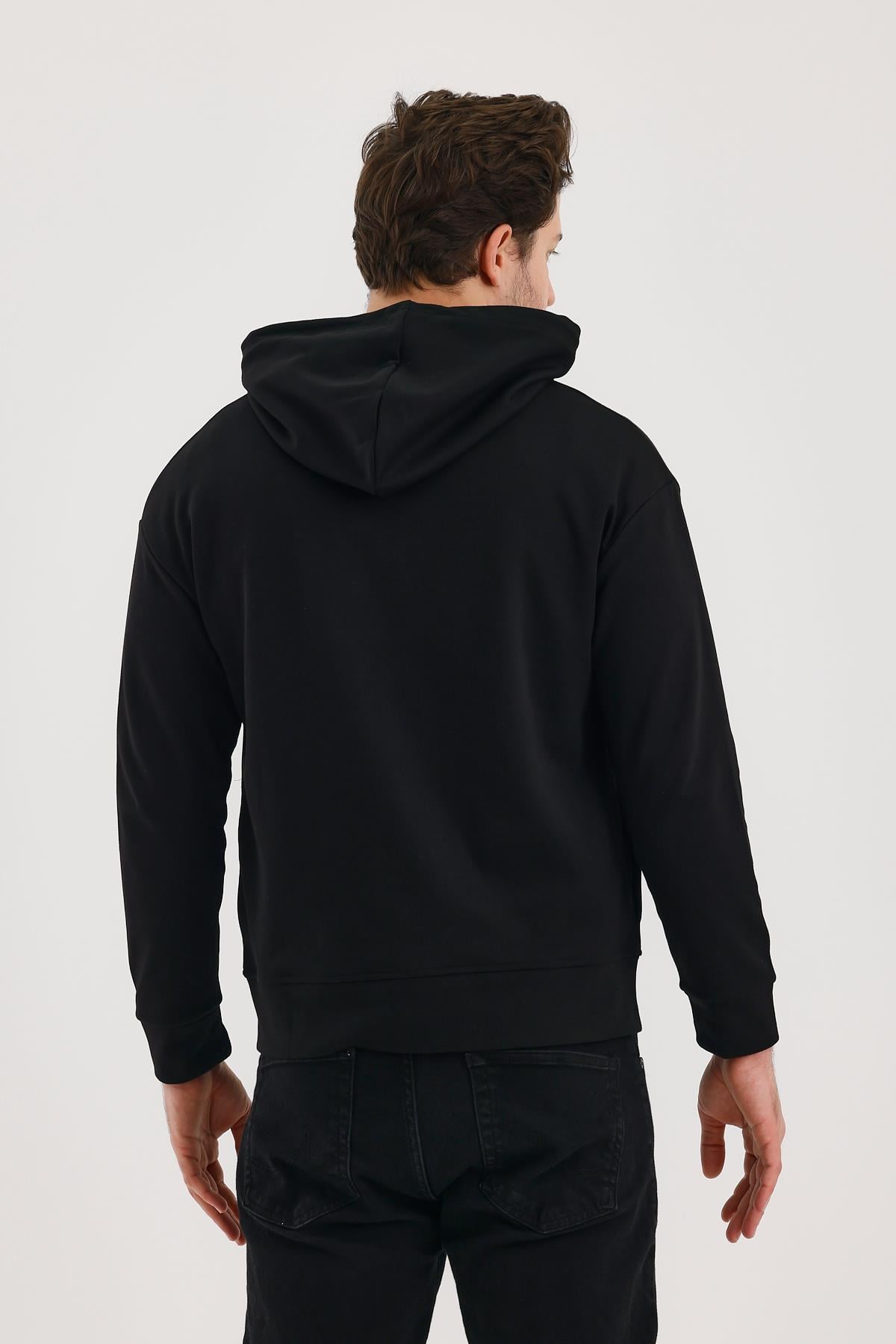FİHA/9108-UNISEX KAPŞONLU FERMUARLI YANDAN GİRME CEPLİ SWEAT - SİYAH