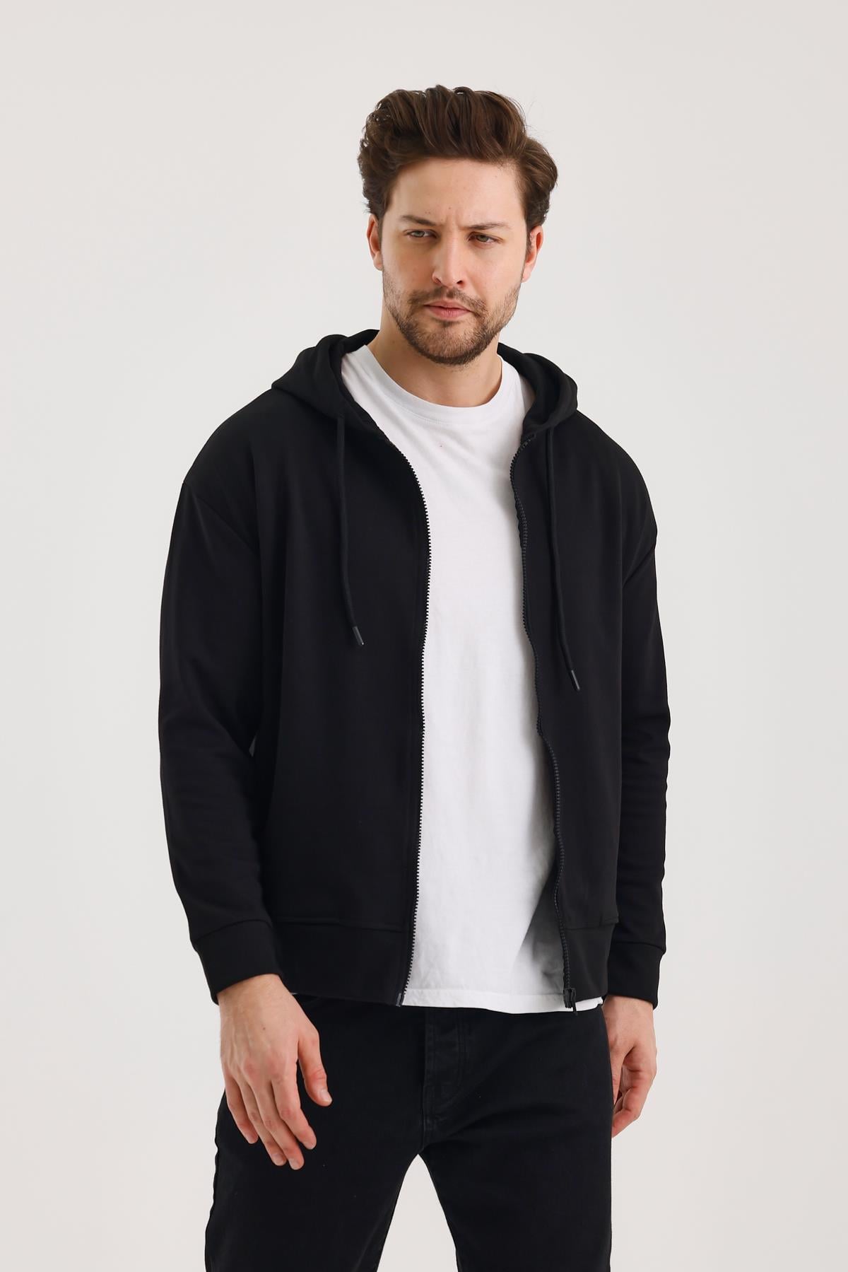 FİHA/9108-UNISEX KAPŞONLU FERMUARLI YANDAN GİRME CEPLİ SWEAT - SİYAH