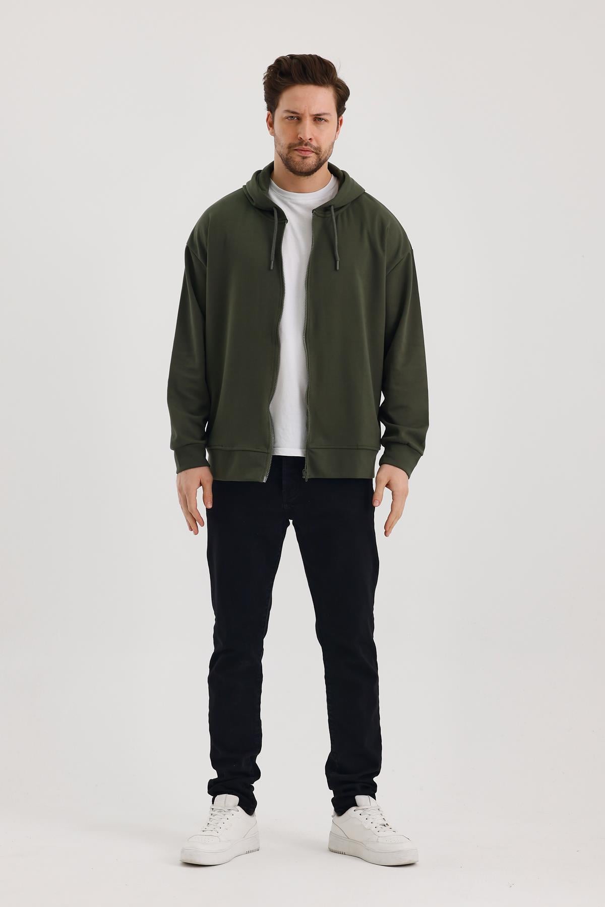 FİHA/9108-UNISEX KAPŞONLU FERMUARLI YANDAN GİRME CEPLİ SWEAT - HAKİ