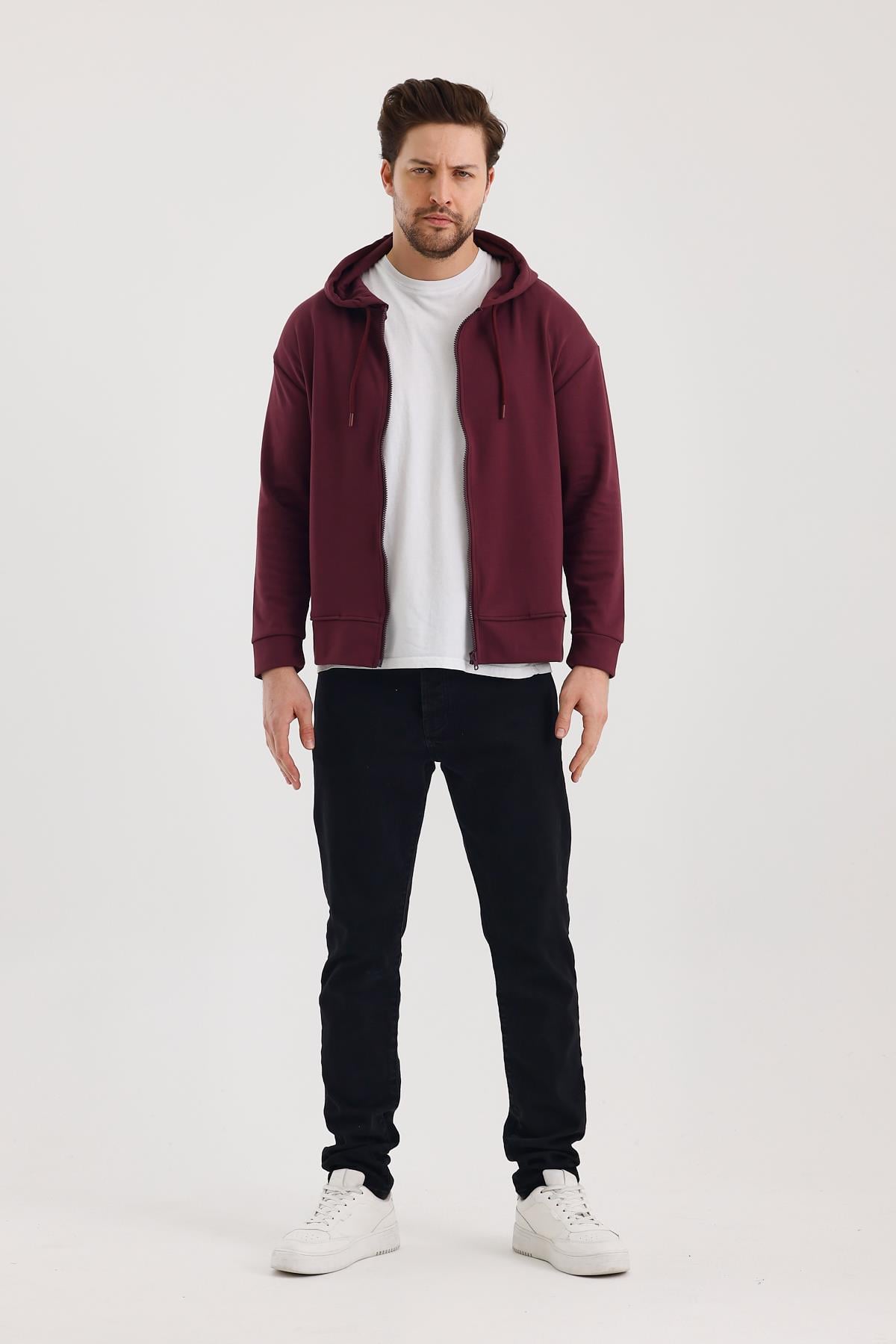 FİHA/9108-UNISEX KAPŞONLU FERMUARLI YANDAN GİRME CEPLİ SWEAT - MAUVE WINE