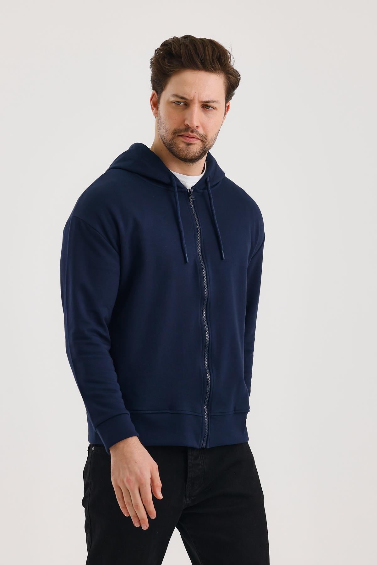 FİHA/9108-UNISEX KAPŞONLU FERMUARLI YANDAN GİRME CEPLİ SWEAT - LACİVERT