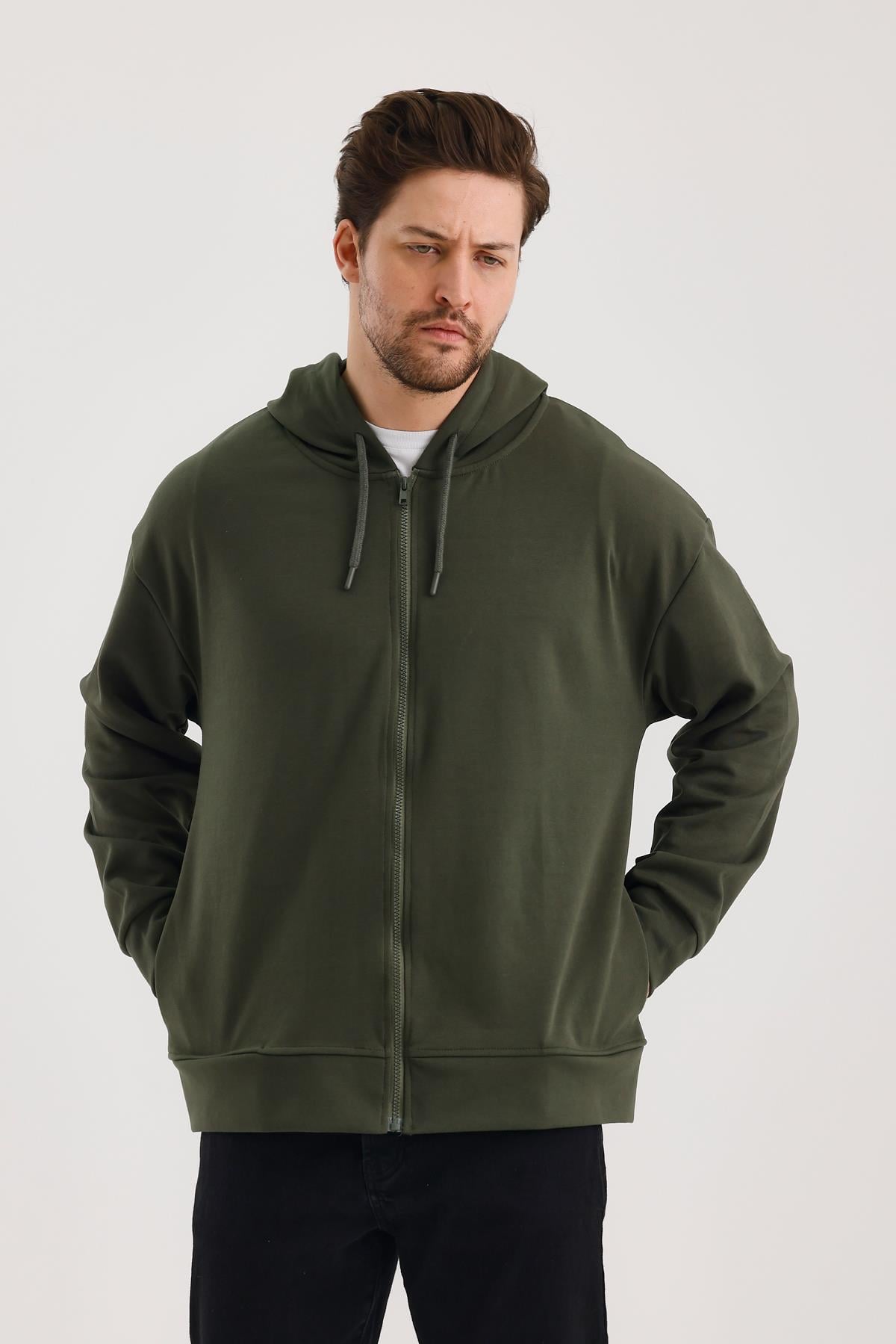 FİHA/9108-UNISEX KAPŞONLU FERMUARLI YANDAN GİRME CEPLİ SWEAT - HAKİ