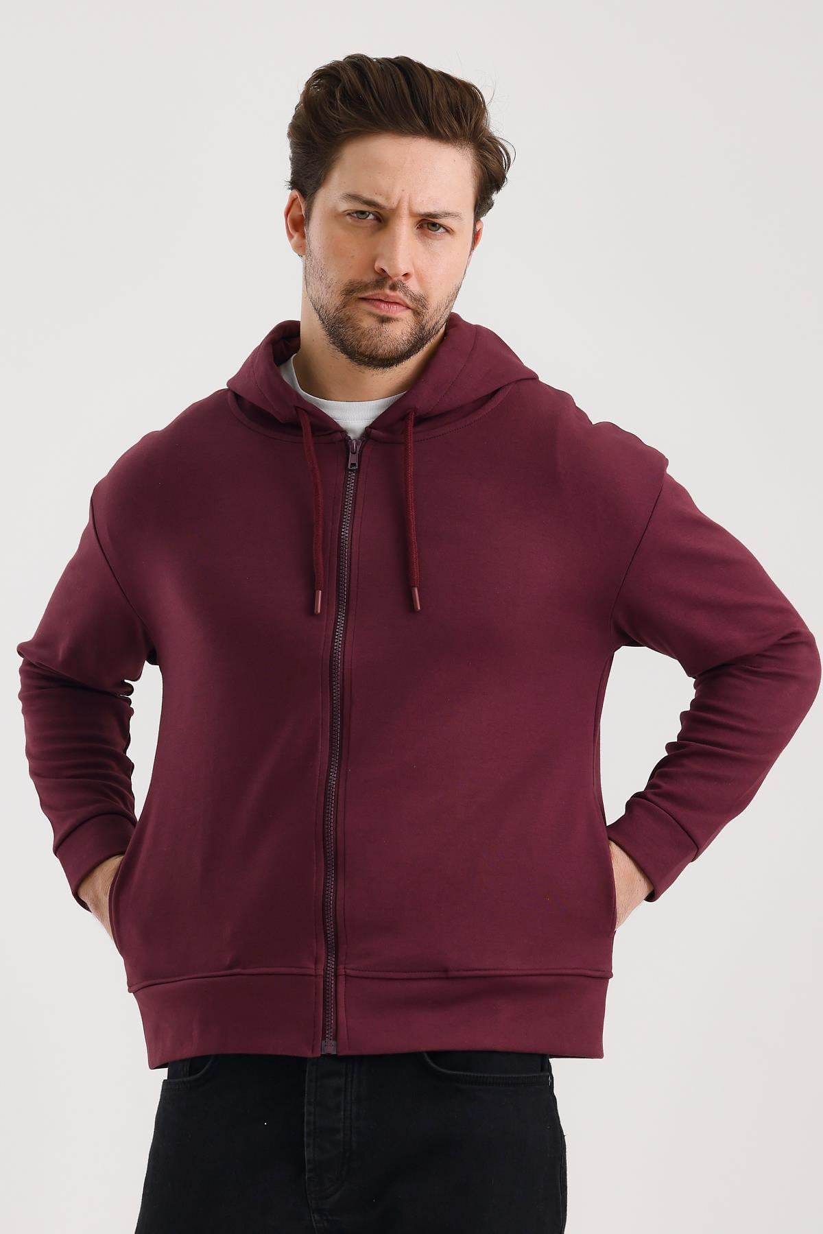 FİHA/9108-UNISEX KAPŞONLU FERMUARLI YANDAN GİRME CEPLİ SWEAT - MAUVE WINE