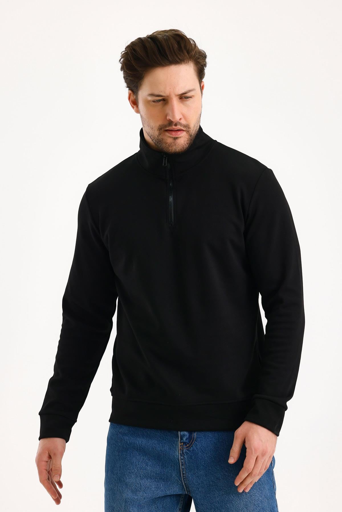 FİHA/9112-UNISEX YARIM FERMUARLI DİK YAKA SWEAT - SİYAH