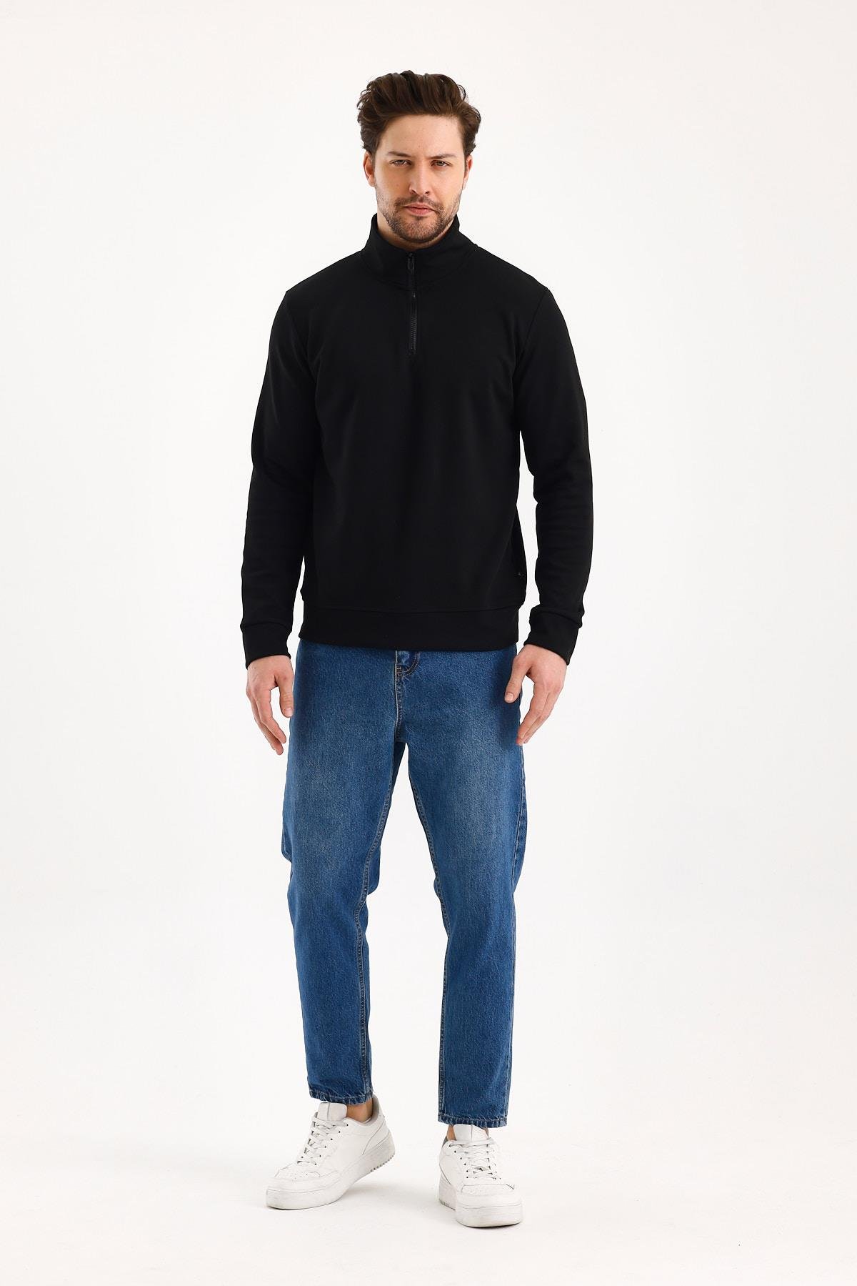 FİHA/9112-UNISEX YARIM FERMUARLI DİK YAKA SWEAT - SİYAH