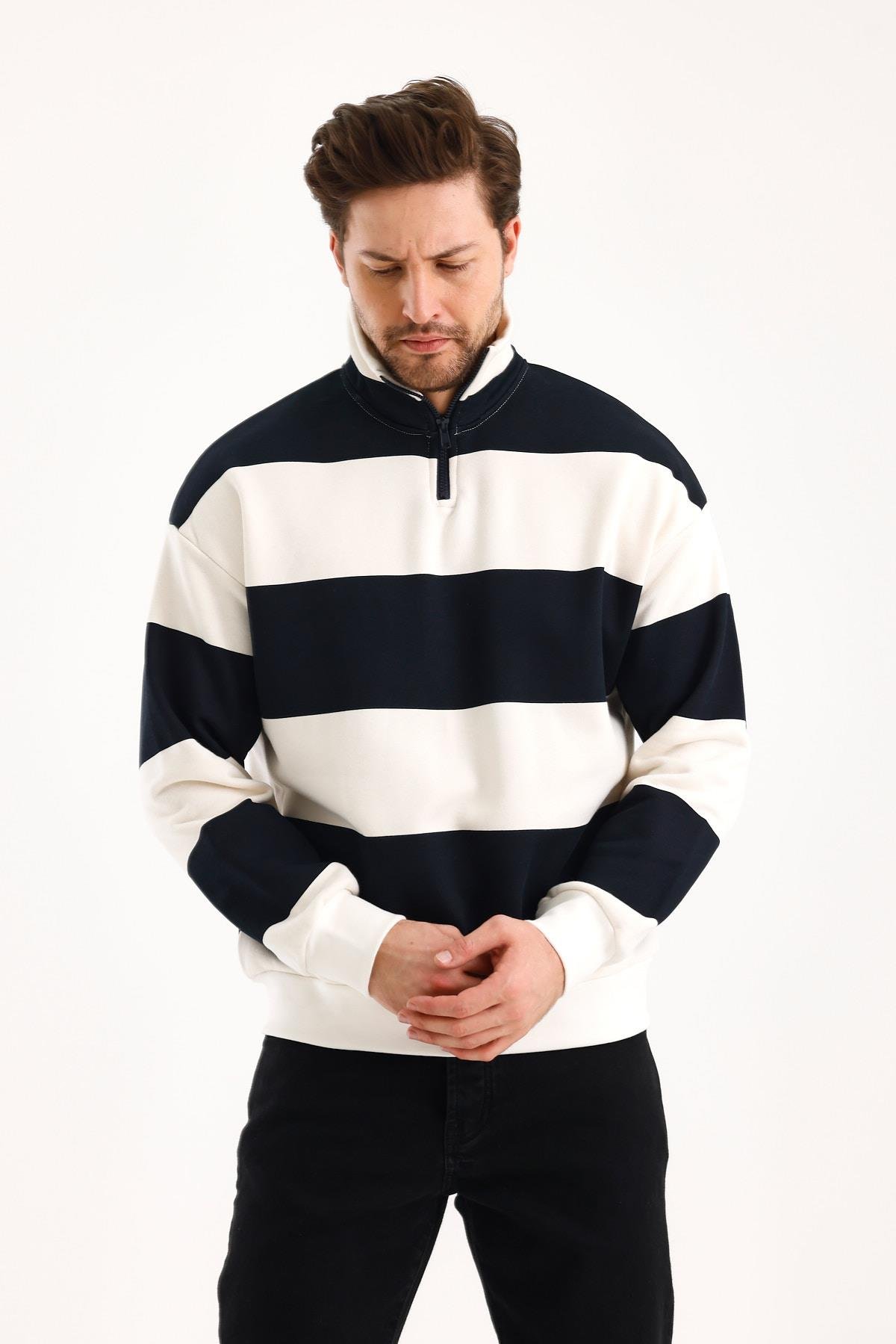 FİHA/9115-DİK YAKA YARIM FERMUARLI 3 İPLİK ÇİZGİLİ SWEAT - LACİVERT/OFF WHİTE
