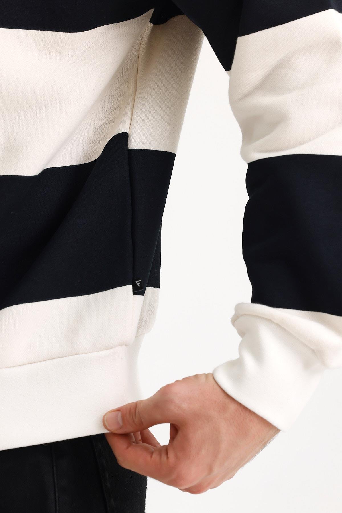 FİHA/9115-DİK YAKA YARIM FERMUARLI 3 İPLİK ÇİZGİLİ SWEAT - LACİVERT/OFF WHİTE