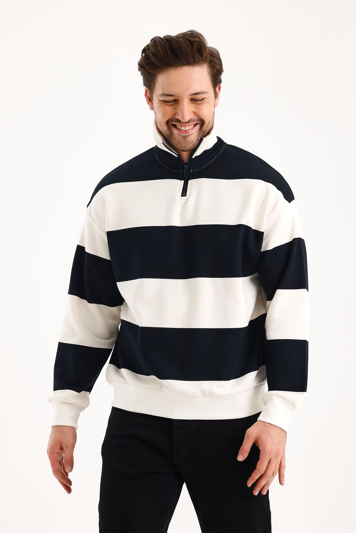FİHA/9115-DİK YAKA YARIM FERMUARLI 3 İPLİK ÇİZGİLİ SWEAT - LACİVERT/OFF WHİTE