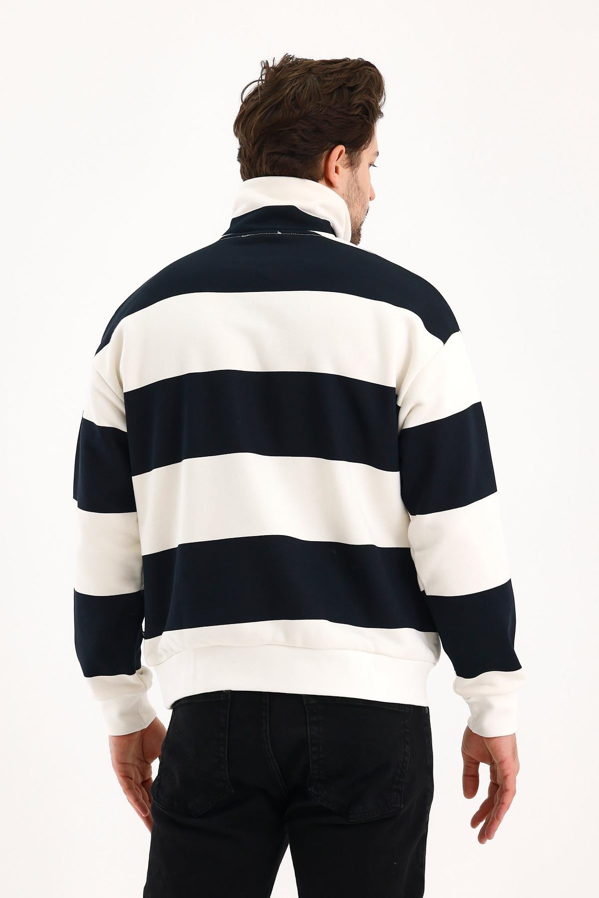 FİHA/9115-DİK YAKA YARIM FERMUARLI 3 İPLİK ÇİZGİLİ SWEAT - LACİVERT/OFF WHİTE