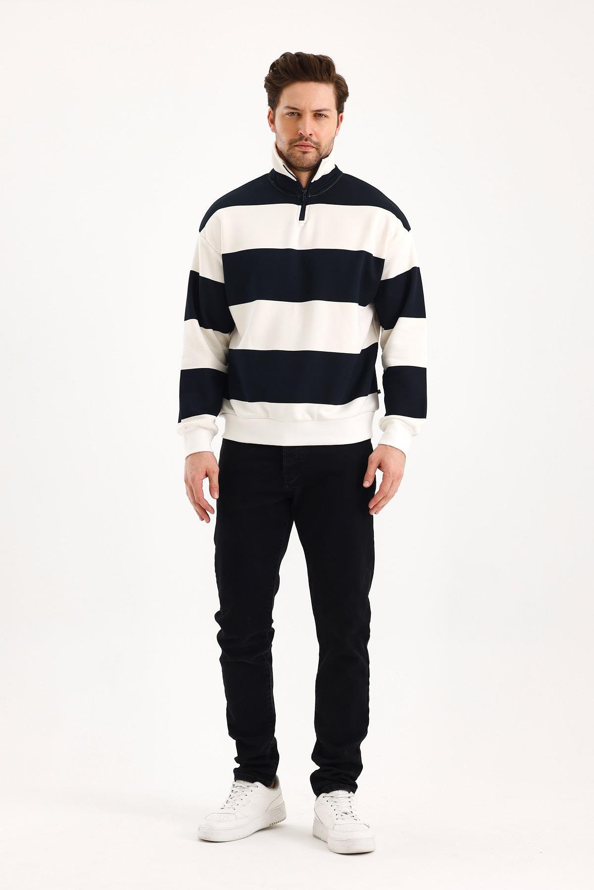 FİHA/9115-DİK YAKA YARIM FERMUARLI 3 İPLİK ÇİZGİLİ SWEAT - LACİVERT/OFF WHİTE