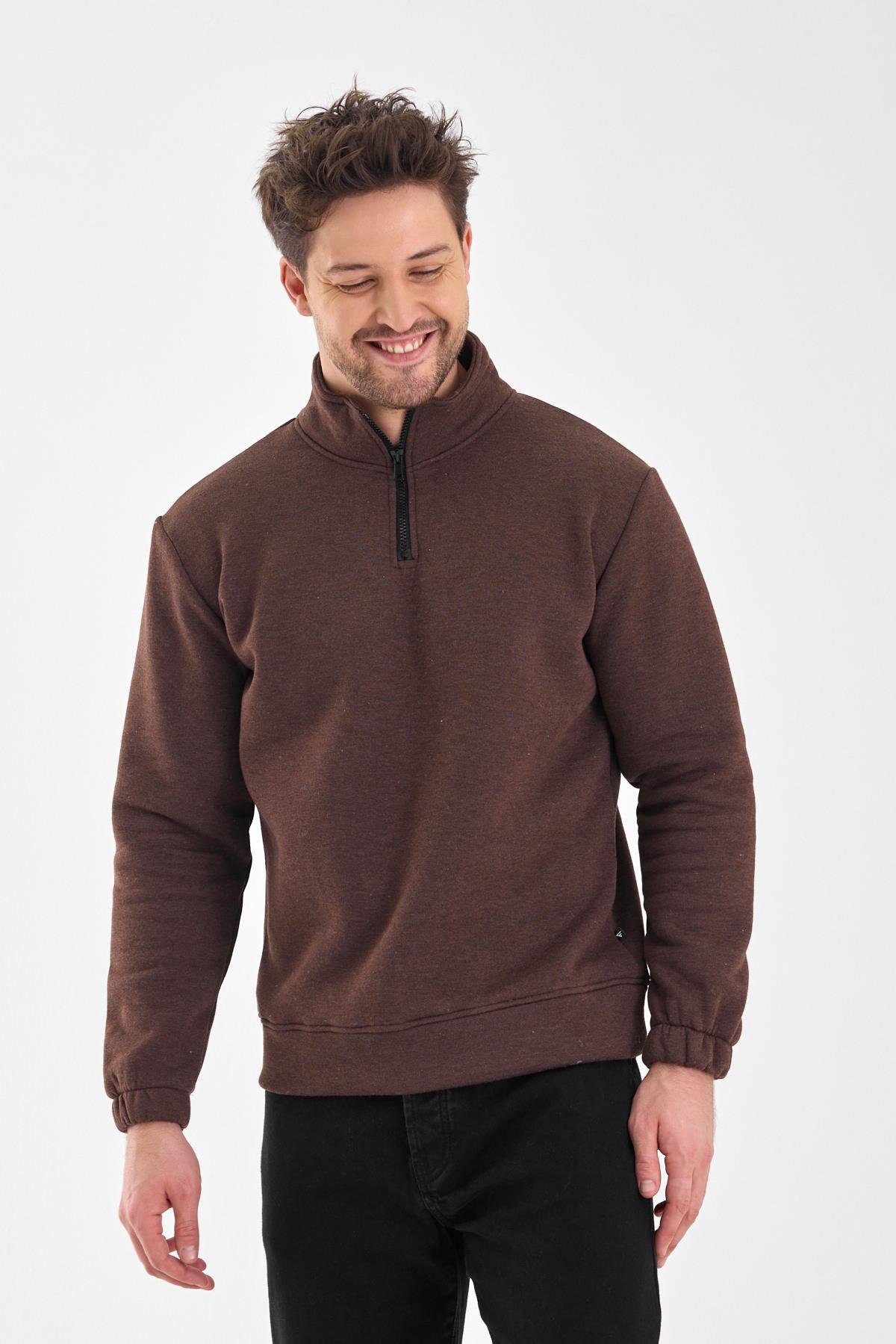 FİHA/9116-ERKEK DİK YAKA YARIM FERMUARLI SWEAT - KAHVE