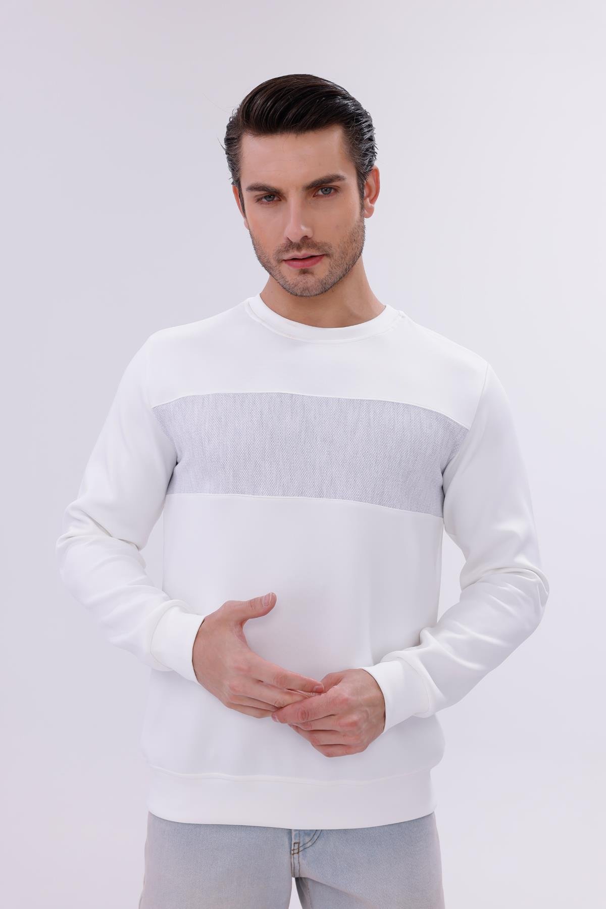 FİHA/9118-ERKEK SIFIR YAKA ÖN PARÇALI SWEAT - BEYAZ