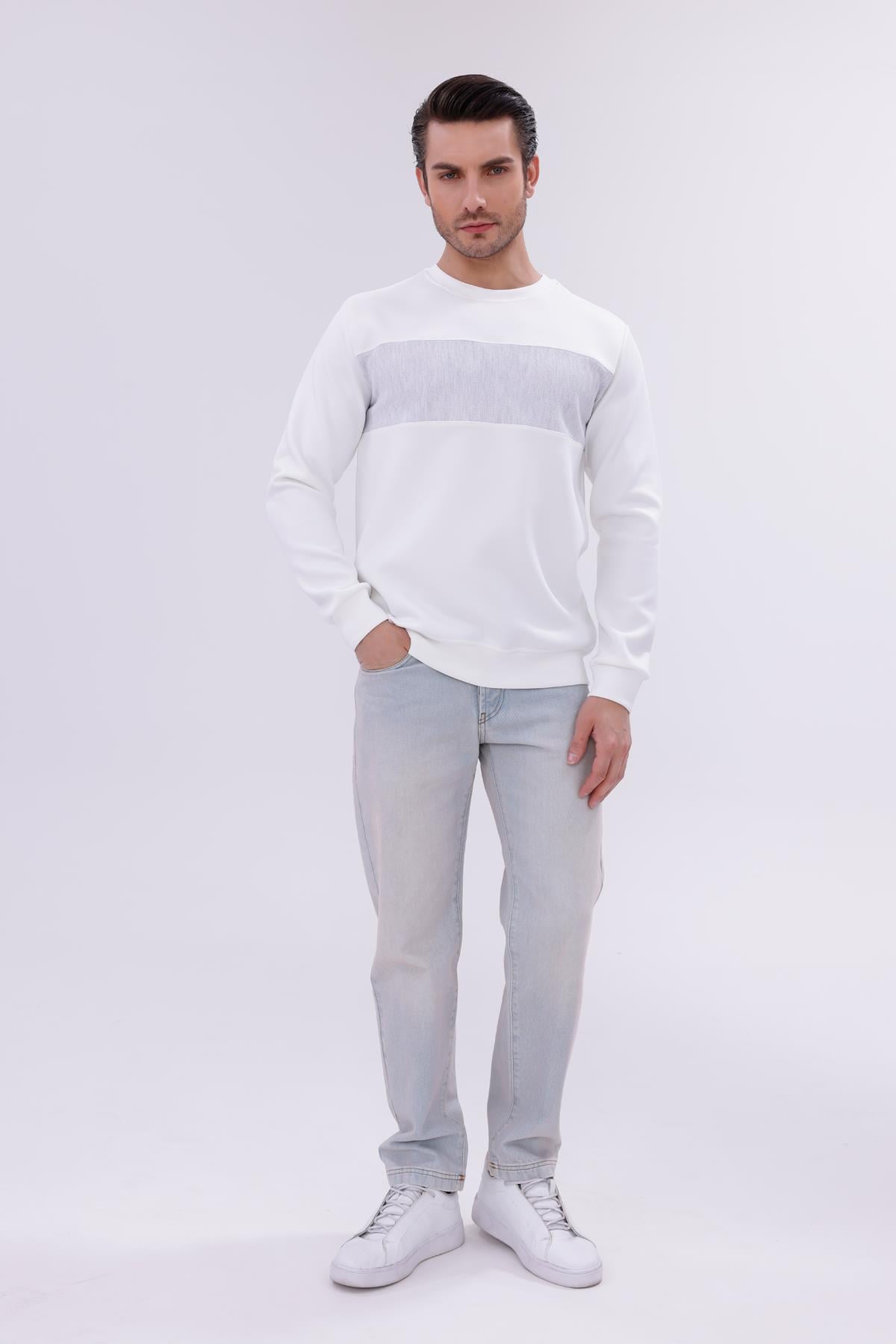 FİHA/9118-ERKEK SIFIR YAKA ÖN PARÇALI SWEAT - BEYAZ