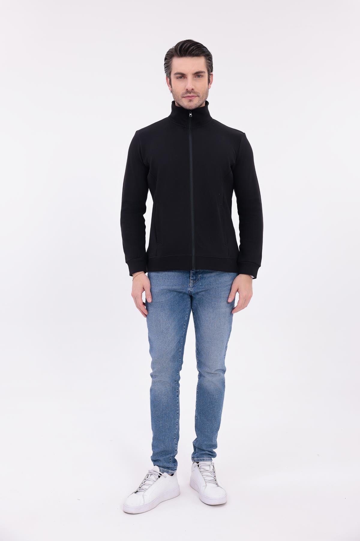 FİHA/9120-ERKEK PİKE DİK YAKA FERMUARLI SWEAT - SİYAH
