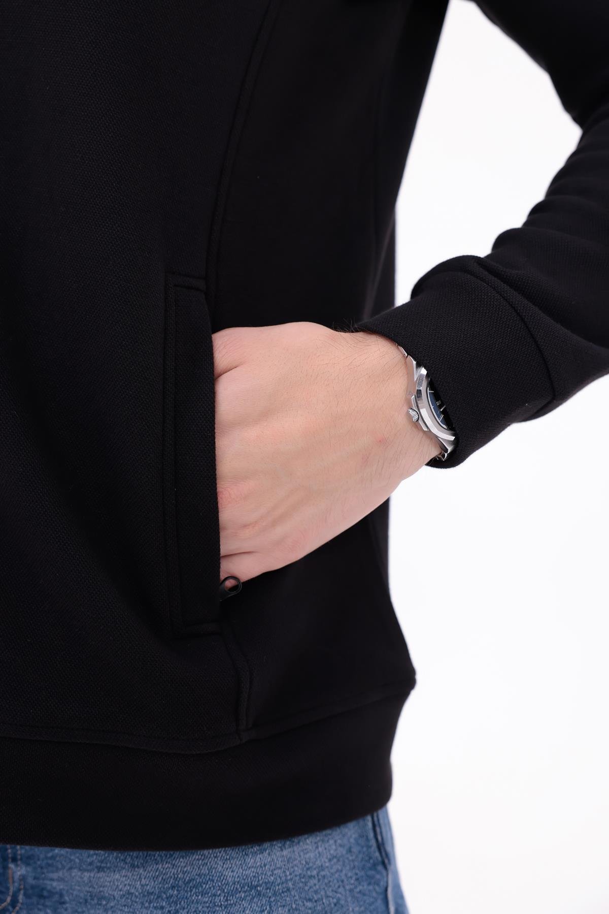 FİHA/9120-ERKEK PİKE DİK YAKA FERMUARLI SWEAT - SİYAH
