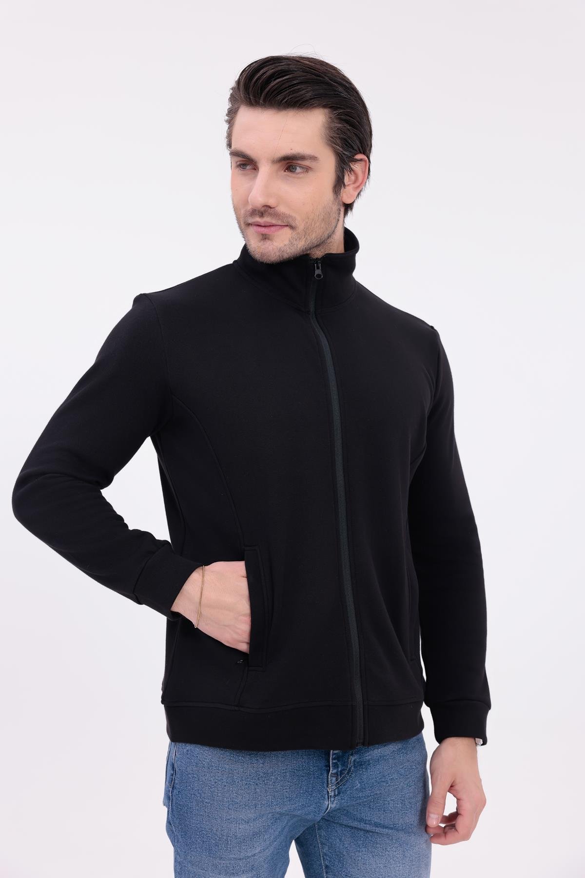 FİHA/9120-ERKEK PİKE DİK YAKA FERMUARLI SWEAT - SİYAH