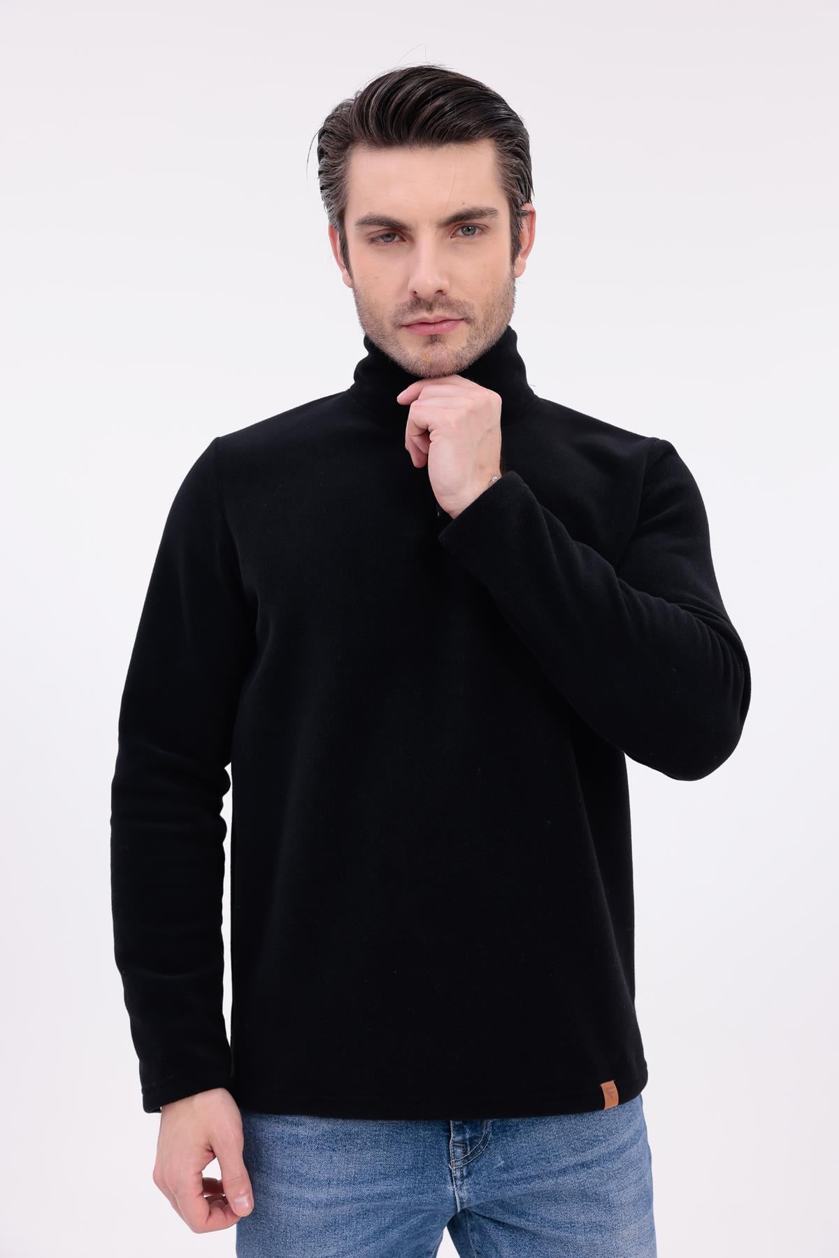 FİHA/9125-ERKEK YARIM FERMUARLI DİK YAKA POLAR SWEAT - SİYAH