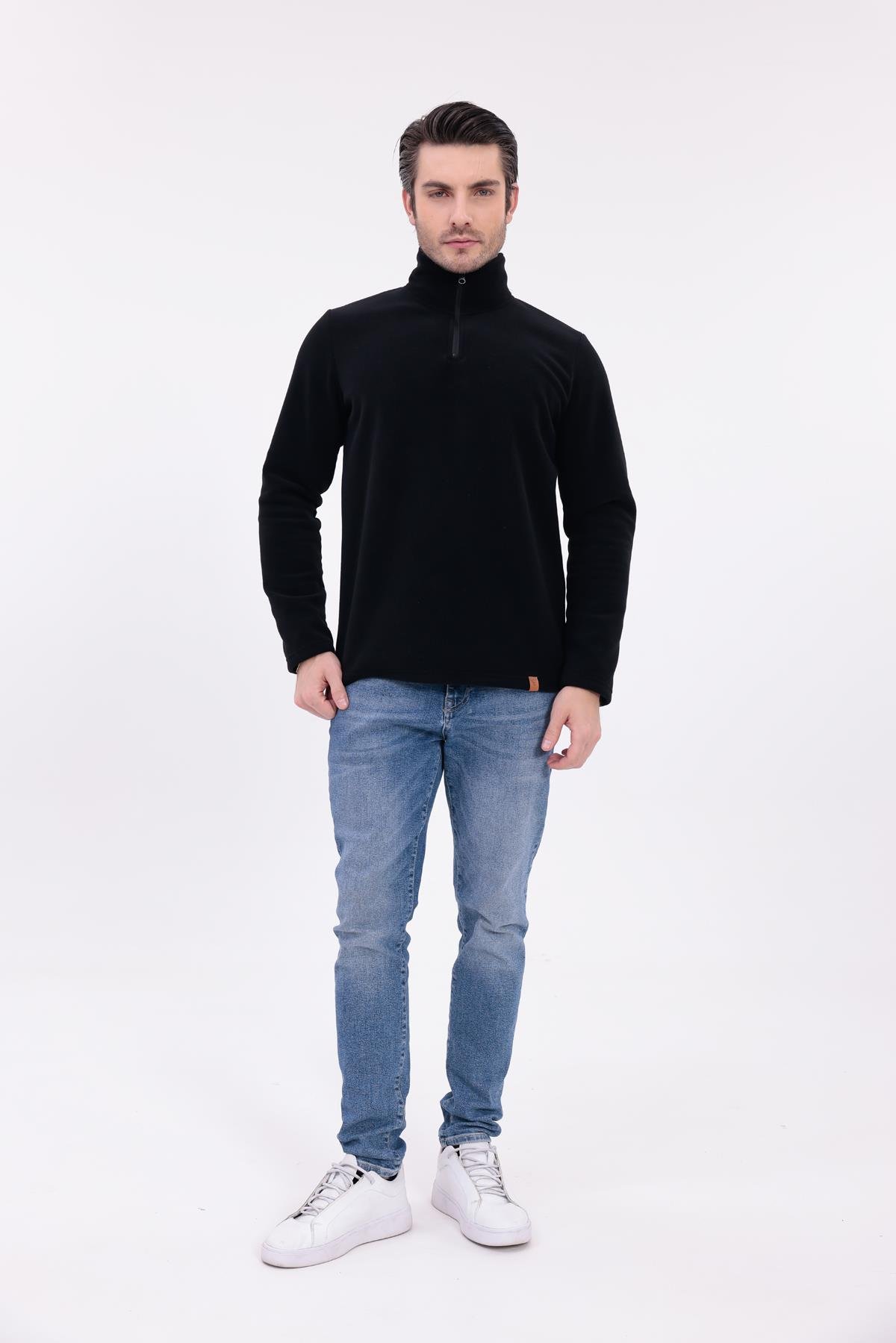 FİHA/9125-ERKEK YARIM FERMUARLI DİK YAKA POLAR SWEAT - SİYAH