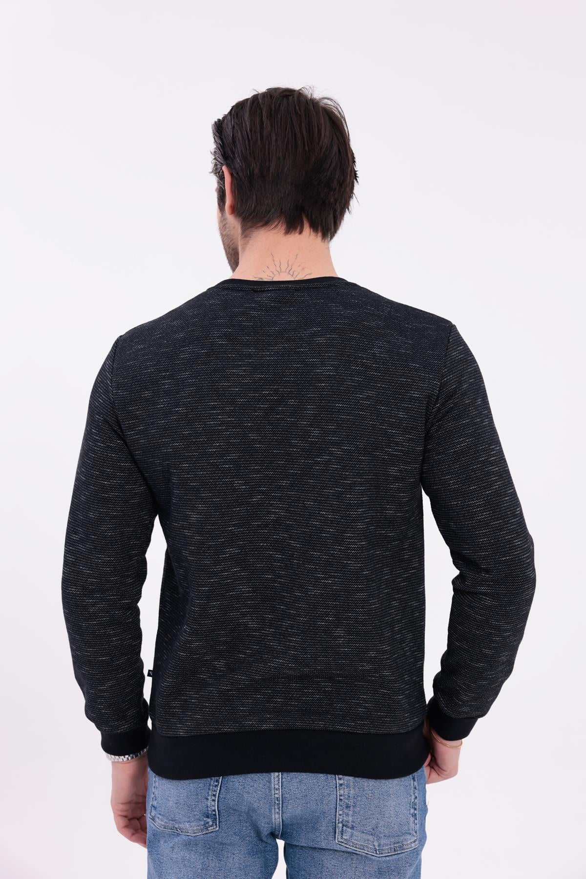 FİHA/9127-ERKEK FLAMLI SIFIR YAKA SWEAT - SİYAH