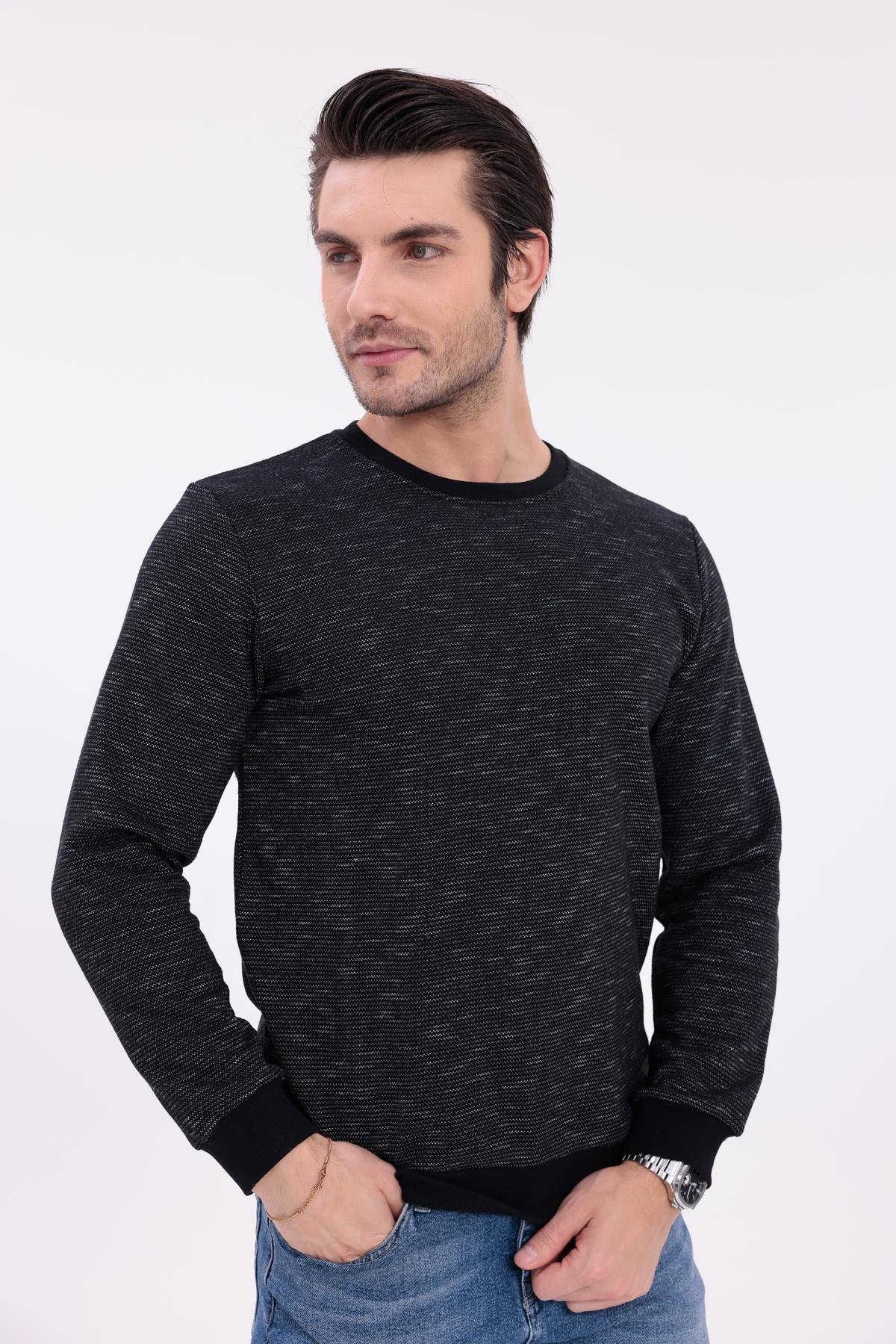 FİHA/9127-ERKEK FLAMLI SIFIR YAKA SWEAT - SİYAH