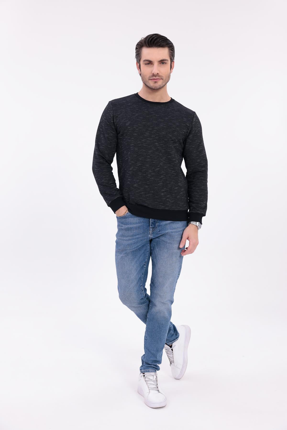 FİHA/9127-ERKEK FLAMLI SIFIR YAKA SWEAT - SİYAH