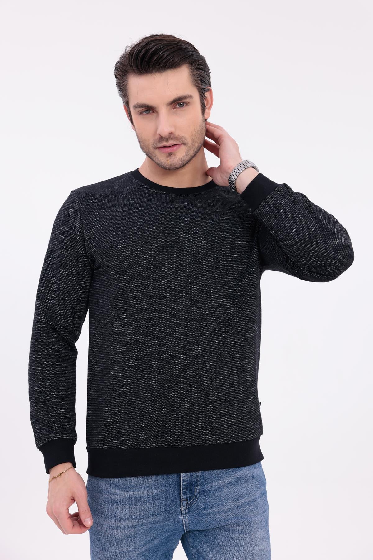 FİHA/9127-ERKEK FLAMLI SIFIR YAKA SWEAT - SİYAH