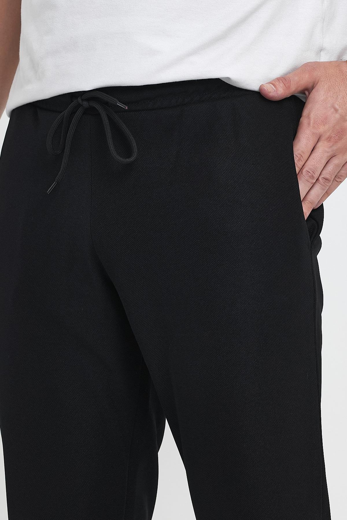 FİHA/9517-ERKEK ŞARDONLU POLYESTER PİKE PAÇA RİBANALI EŞOFMAN ALTI - SİYAH