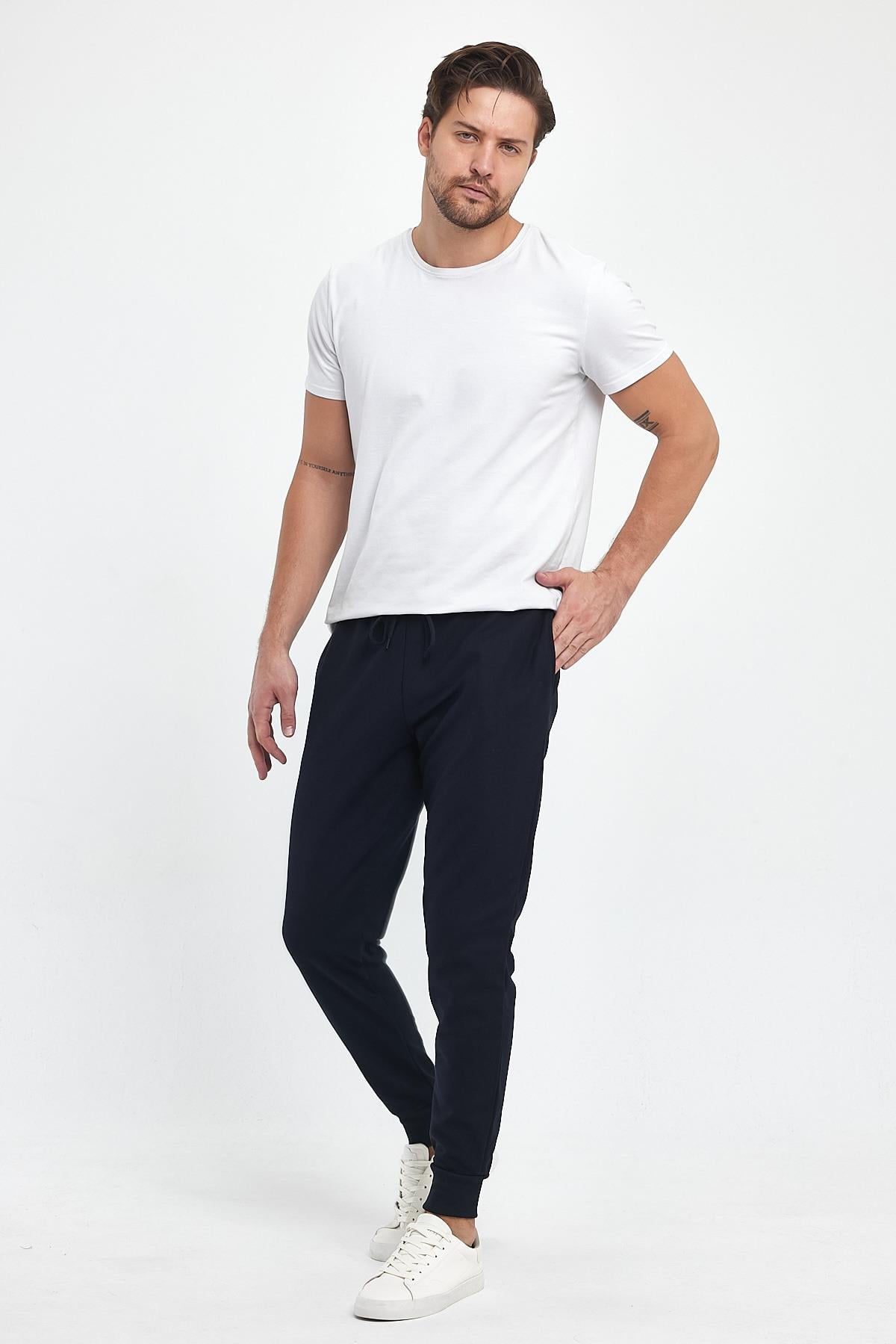 FİHA/9517-ERKEK ŞARDONLU POLYESTER PİKE PAÇA RİBANALI EŞOFMAN ALTI - LACİVERT