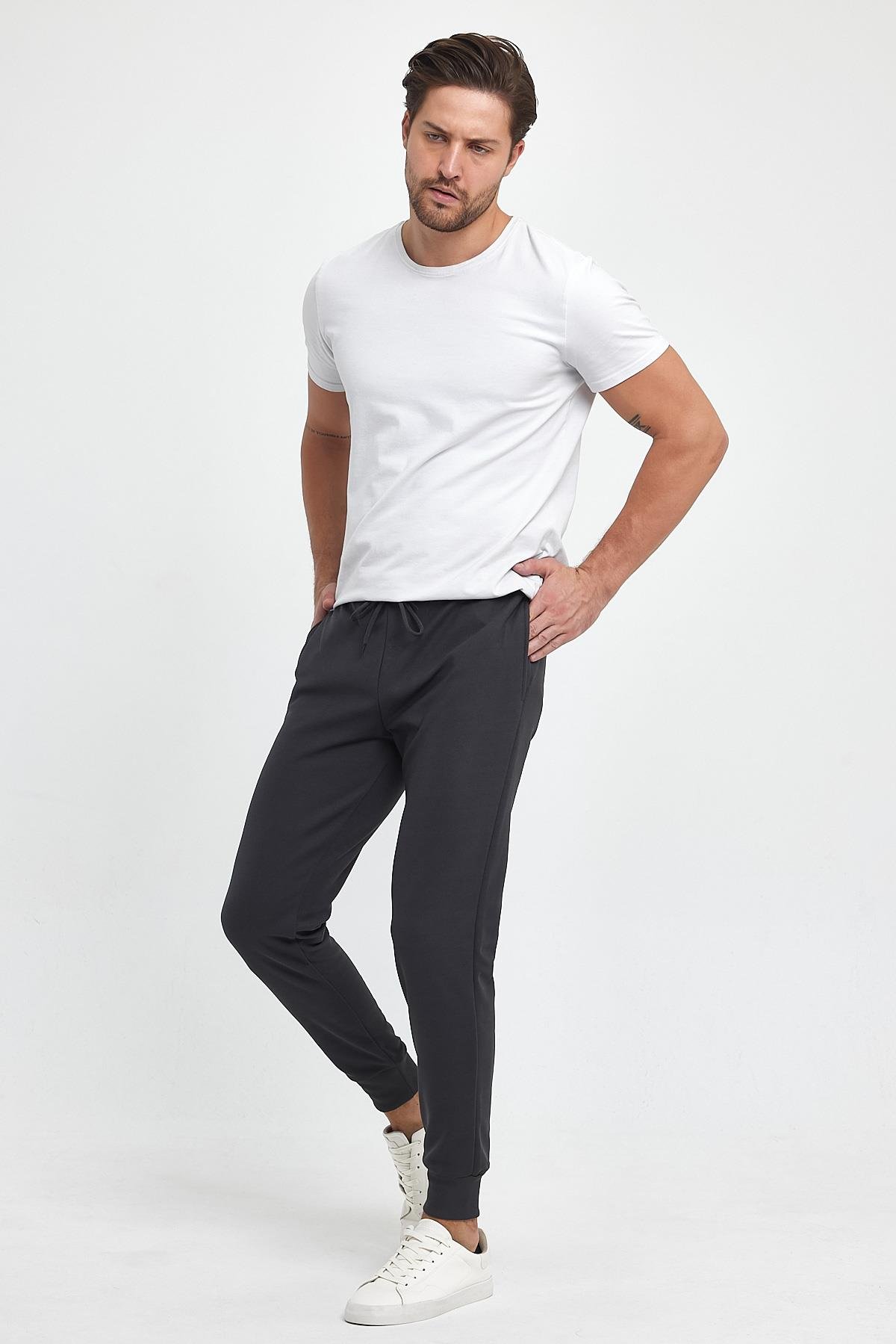 FİHA/9517-ERKEK ŞARDONLU POLYESTER PİKE PAÇA RİBANALI EŞOFMAN ALTI - FÜME