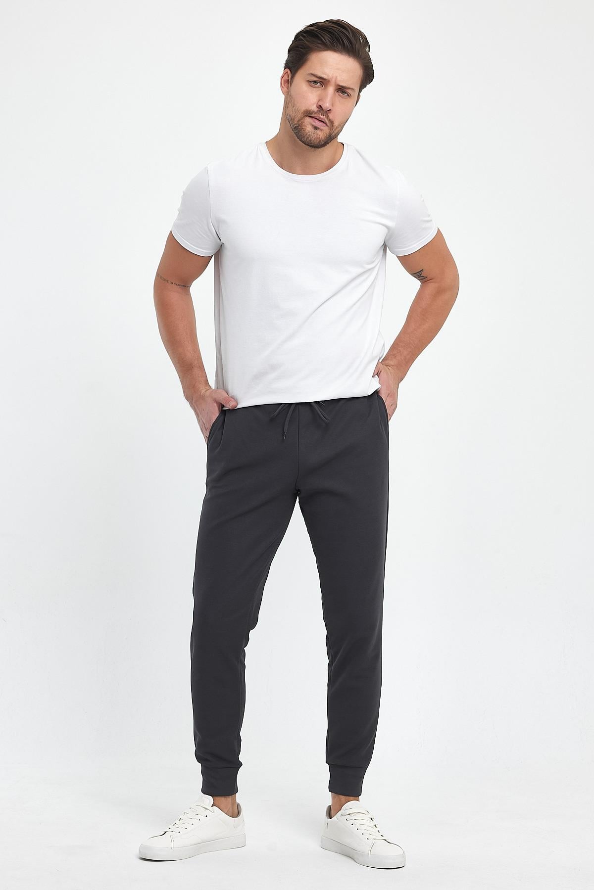 FİHA/9517-ERKEK ŞARDONLU POLYESTER PİKE PAÇA RİBANALI EŞOFMAN ALTI - FÜME
