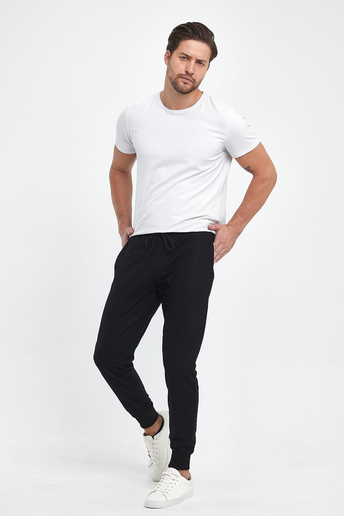 FİHA/9517-ERKEK ŞARDONLU POLYESTER PİKE PAÇA RİBANALI EŞOFMAN ALTI - SİYAH