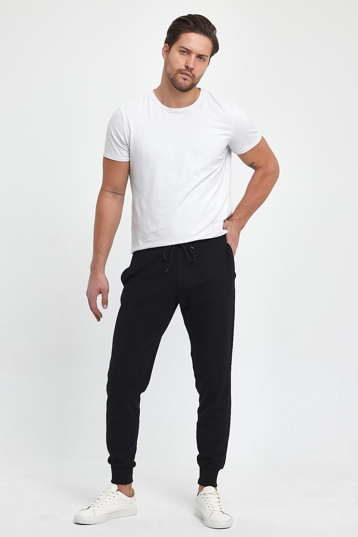 FİHA/9517-ERKEK ŞARDONLU POLYESTER PİKE PAÇA RİBANALI EŞOFMAN ALTI - SİYAH