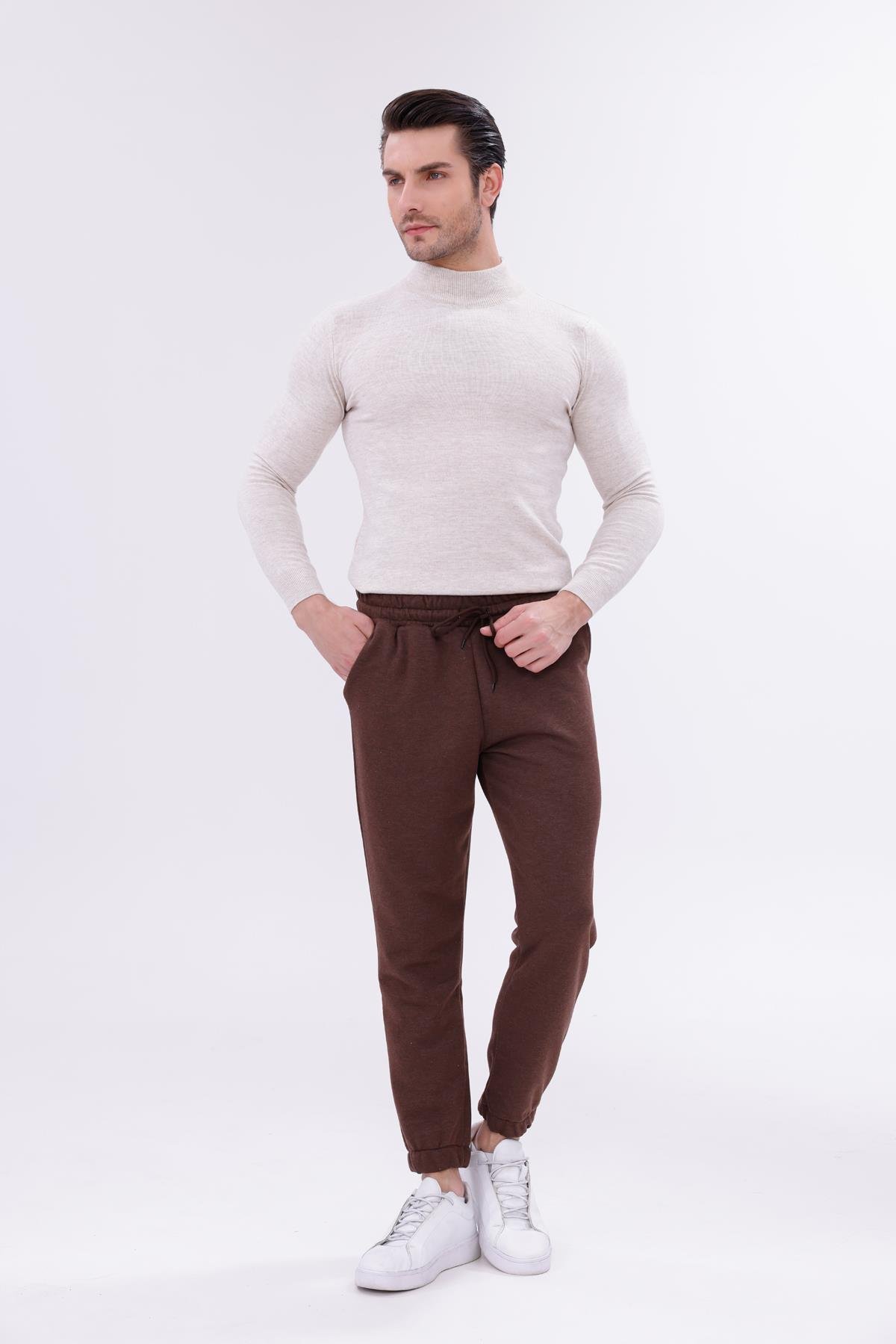 FİHA/9541-PAÇA LASTİKLİ 3 İPLİK ŞARDONSUZ EŞOFMAN ALT - KAHVE