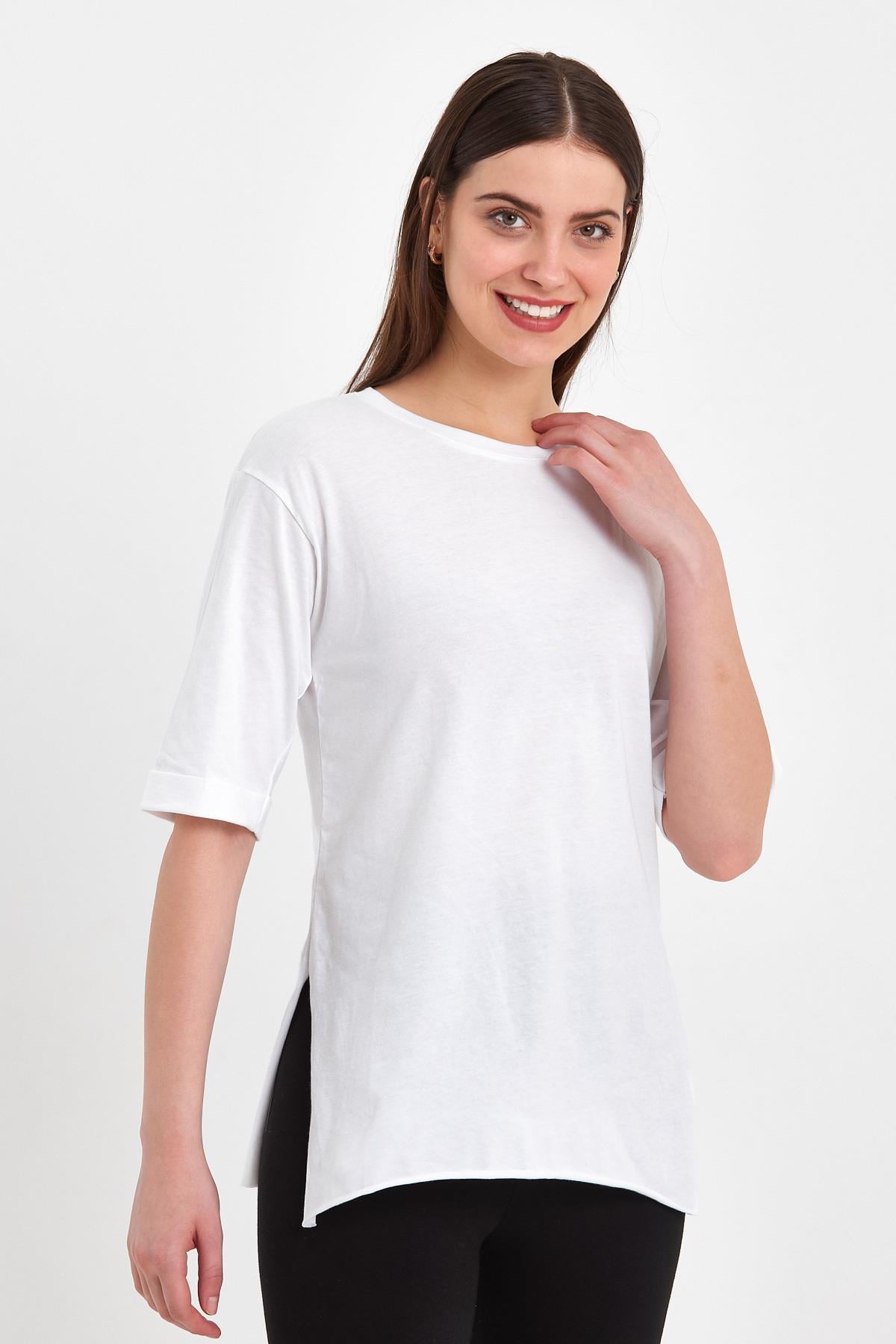 FİHA/AŞAK-4619 KADIN DUBLE KOL YANI YIRTMAÇLI SIFIR YAKA T-SHIRT - BEYAZ