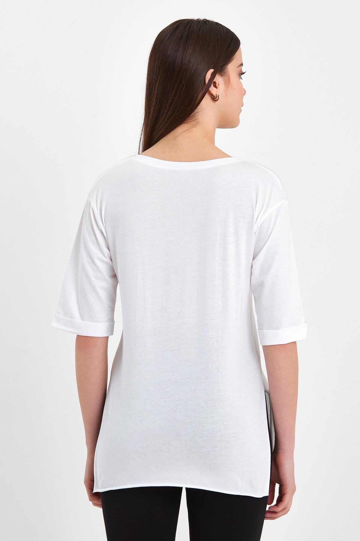 FİHA/AŞAK-4619 KADIN DUBLE KOL YANI YIRTMAÇLI SIFIR YAKA T-SHIRT - BEYAZ