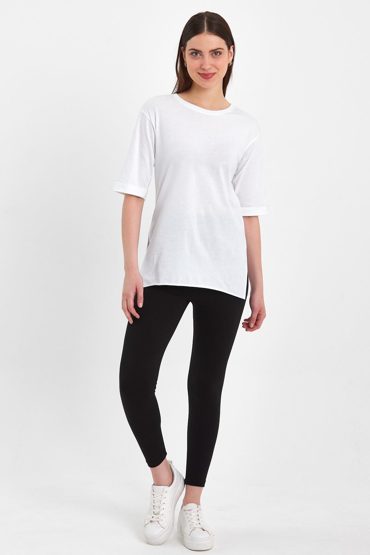 FİHA/AŞAK-4619 KADIN DUBLE KOL YANI YIRTMAÇLI SIFIR YAKA T-SHIRT - BEYAZ