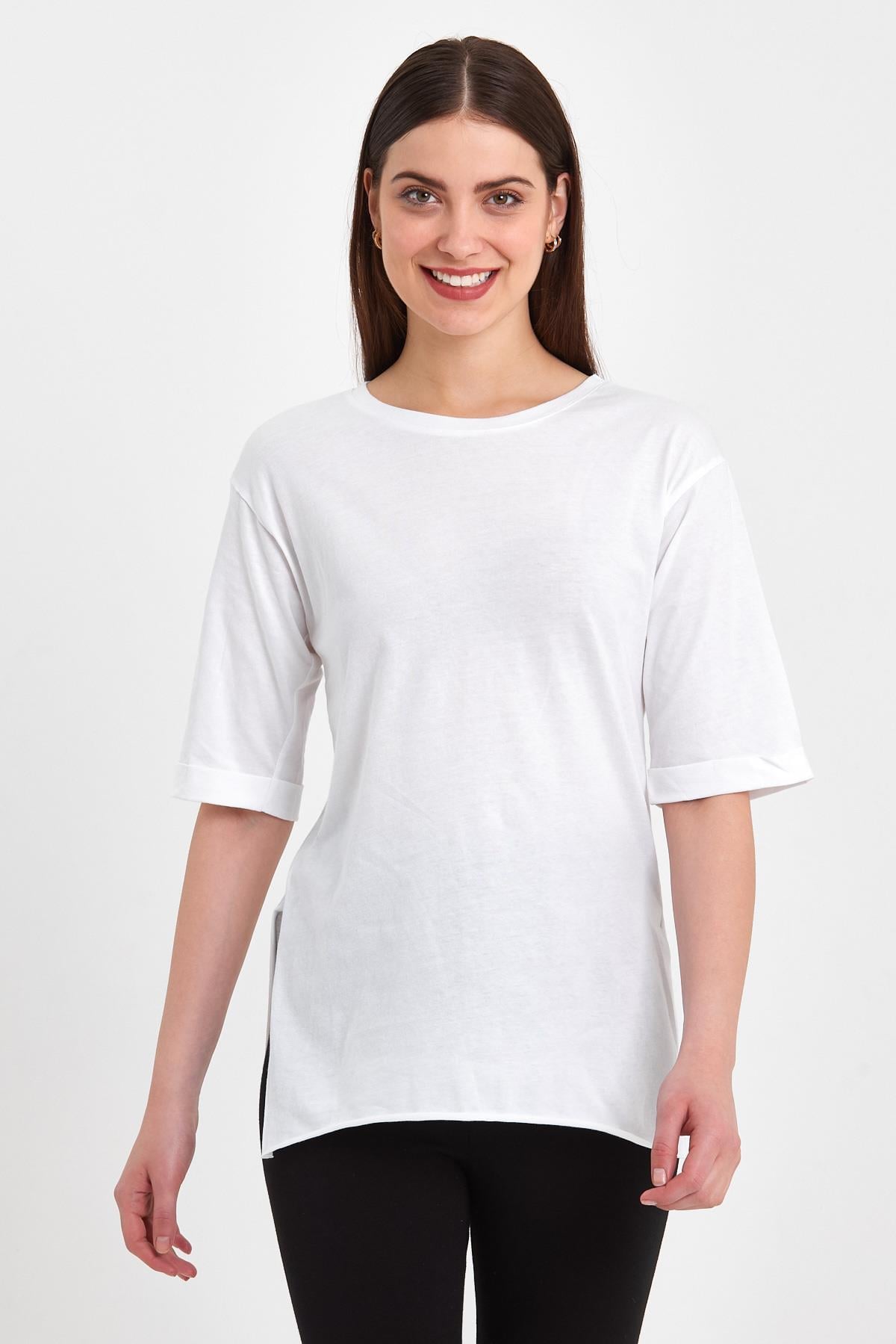 FİHA/AŞAK-4619 KADIN DUBLE KOL YANI YIRTMAÇLI SIFIR YAKA T-SHIRT - BEYAZ