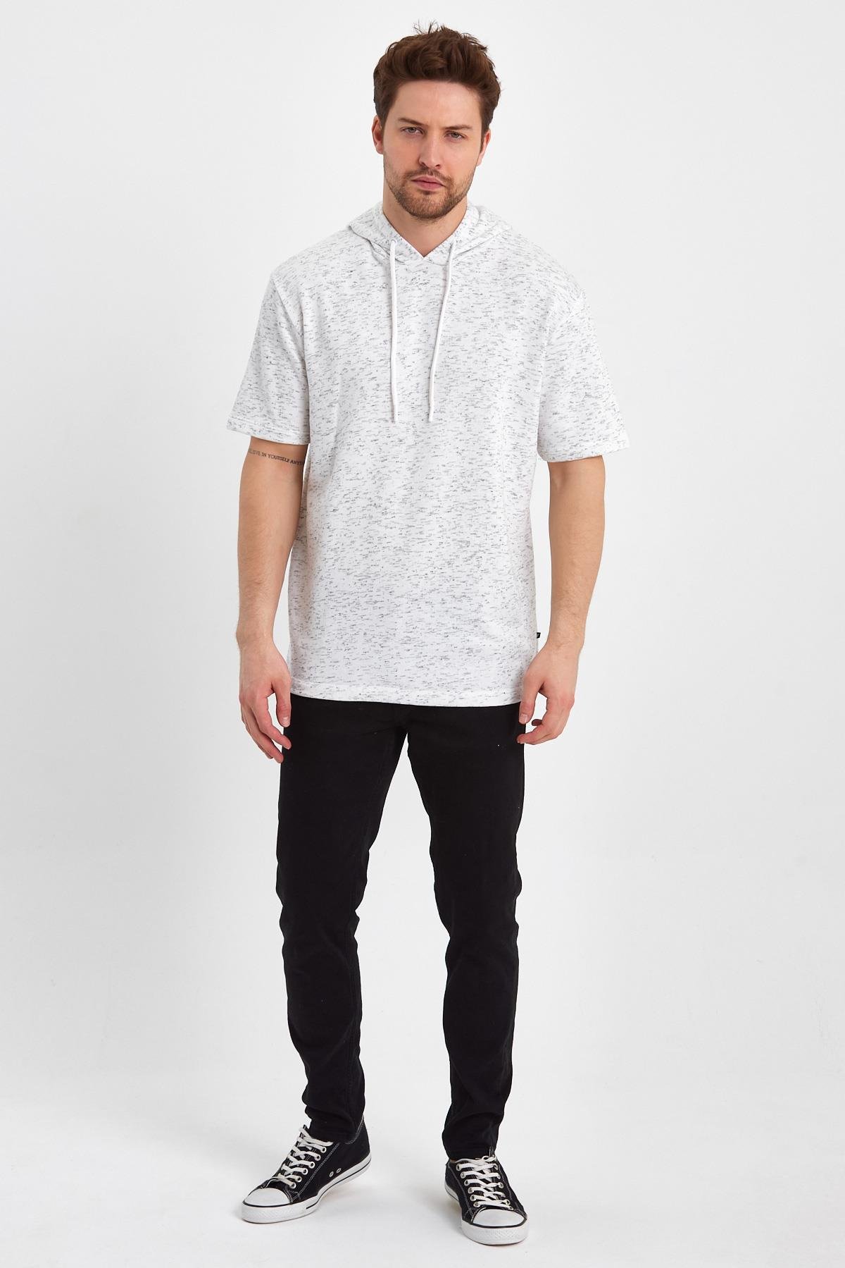 FİHA/BAZAR-7009 ERKEK KAPŞONLU KISSA KOL T-SHIRT - BEYAZ