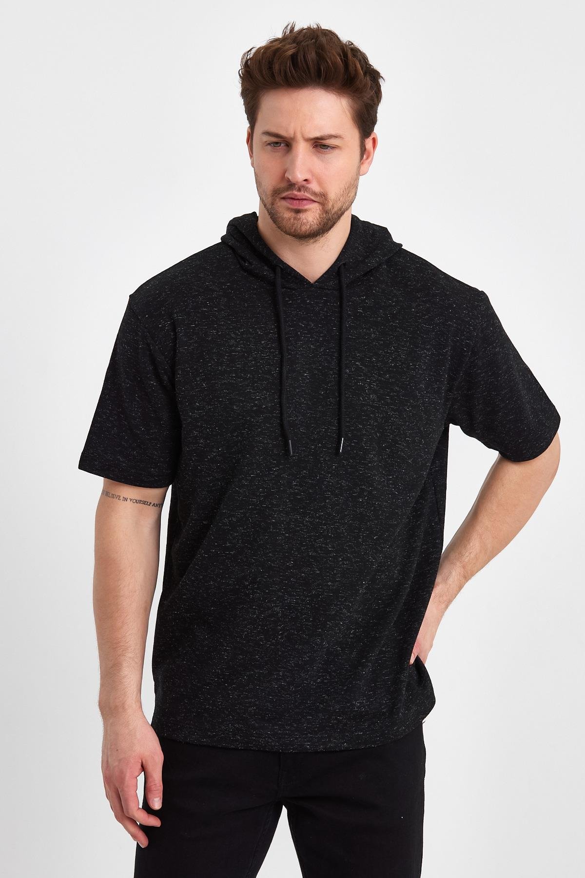 FİHA/BAZAR-7009 ERKEK KAPŞONLU KISSA KOL T-SHIRT - SİYAH