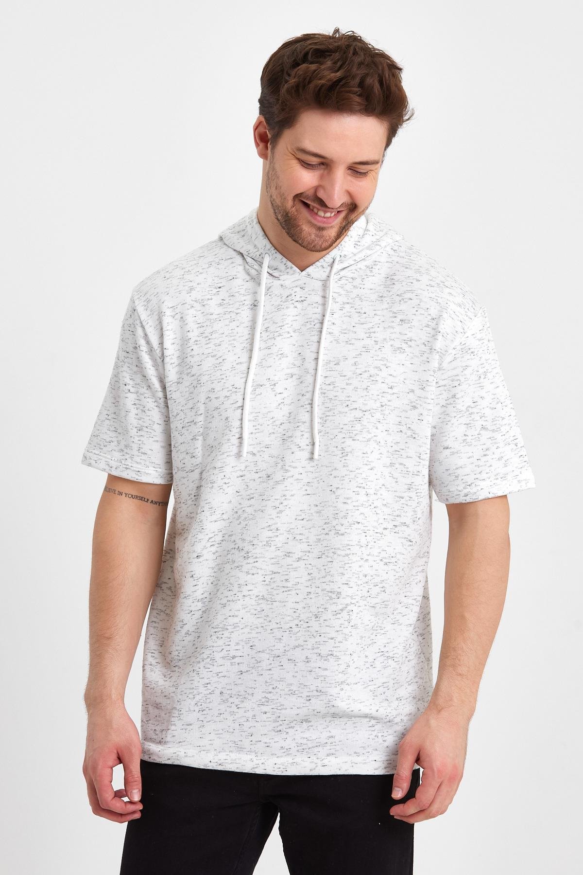 FİHA/BAZAR-7009 ERKEK KAPŞONLU KISSA KOL T-SHIRT - BEYAZ